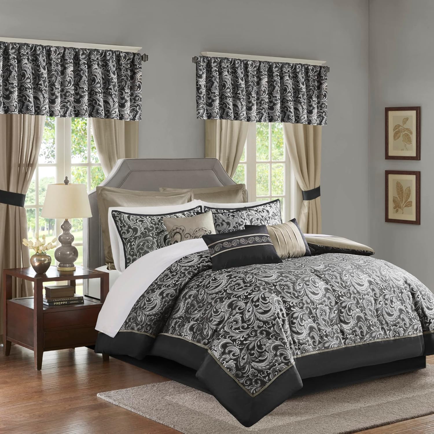 Faux Silk Jacquard Paisley Comforter Set Queen 24 Piece