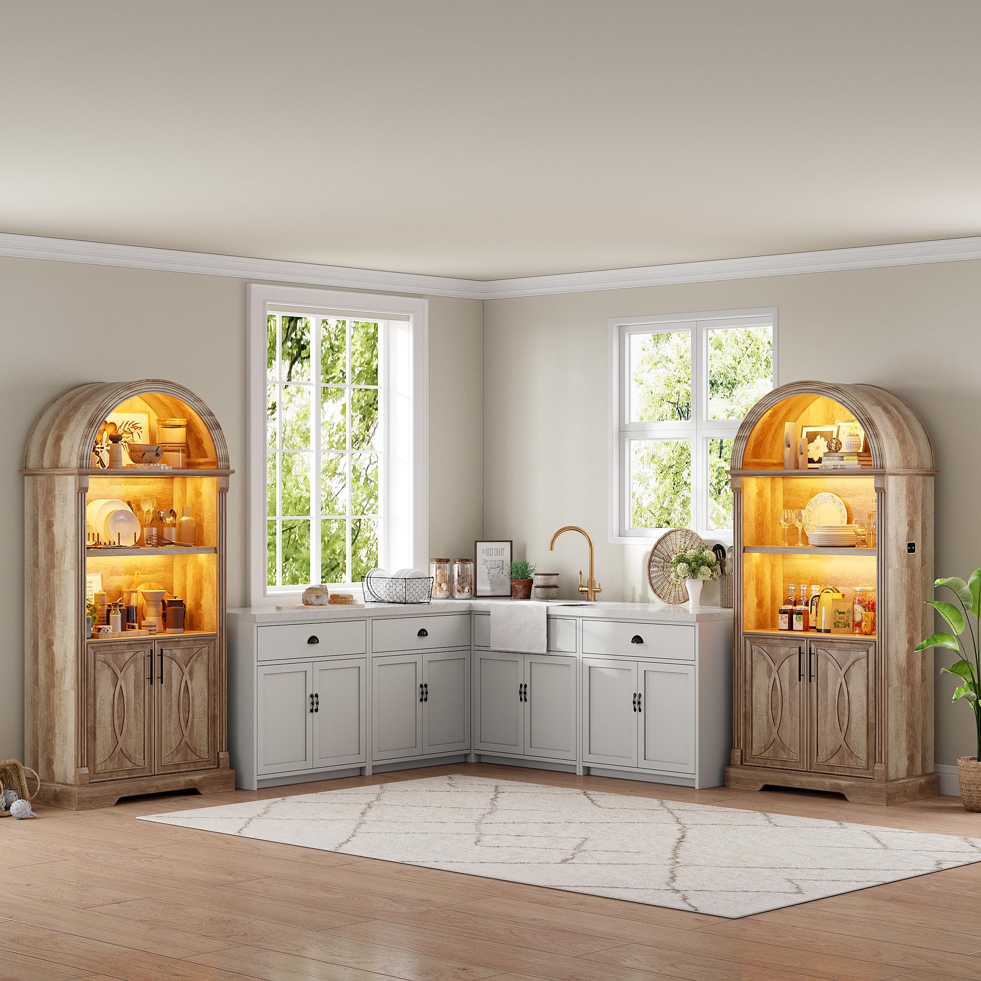 Arched Kitchen Pantry Cabinet with LED Light