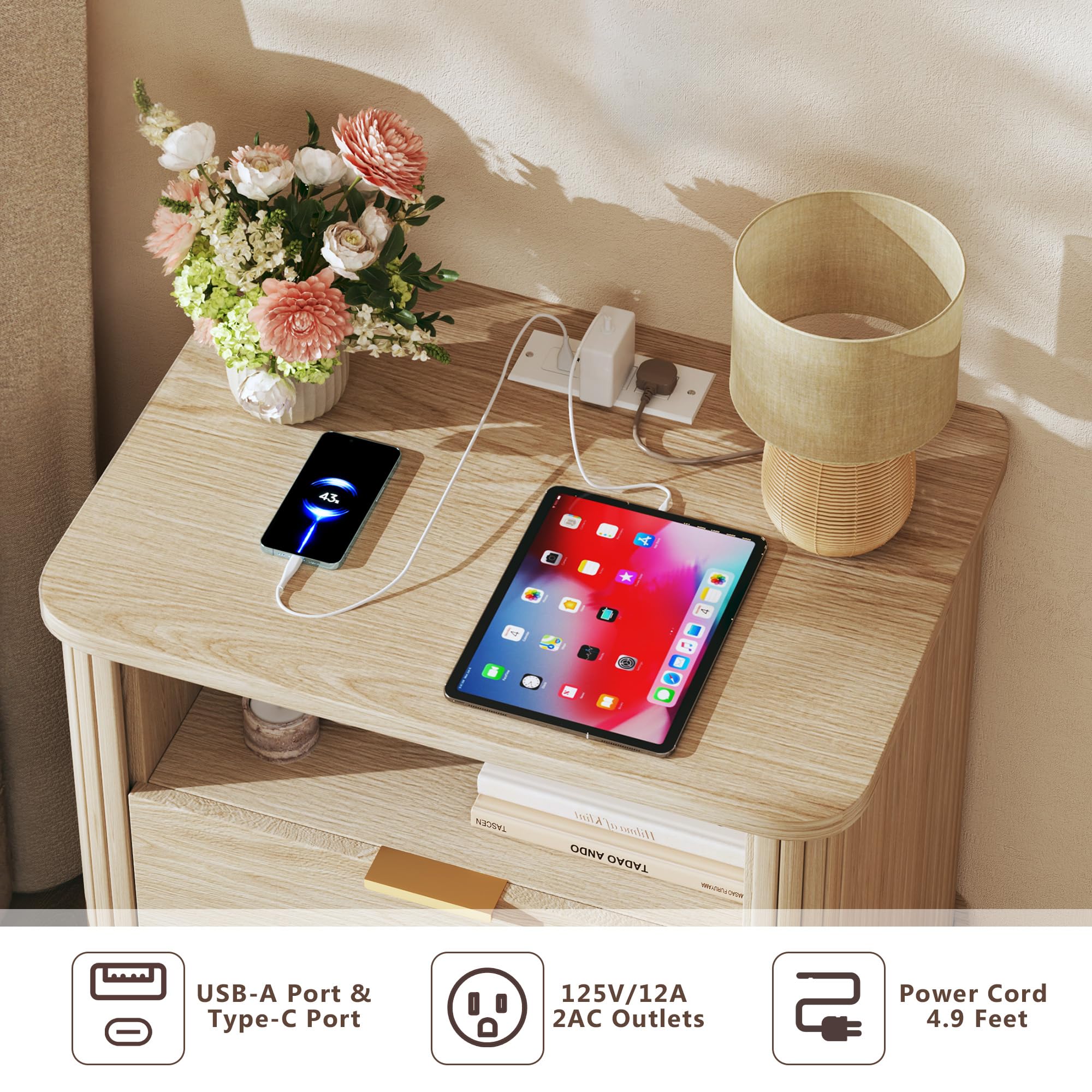 Fluted Nightstand with Charging Station