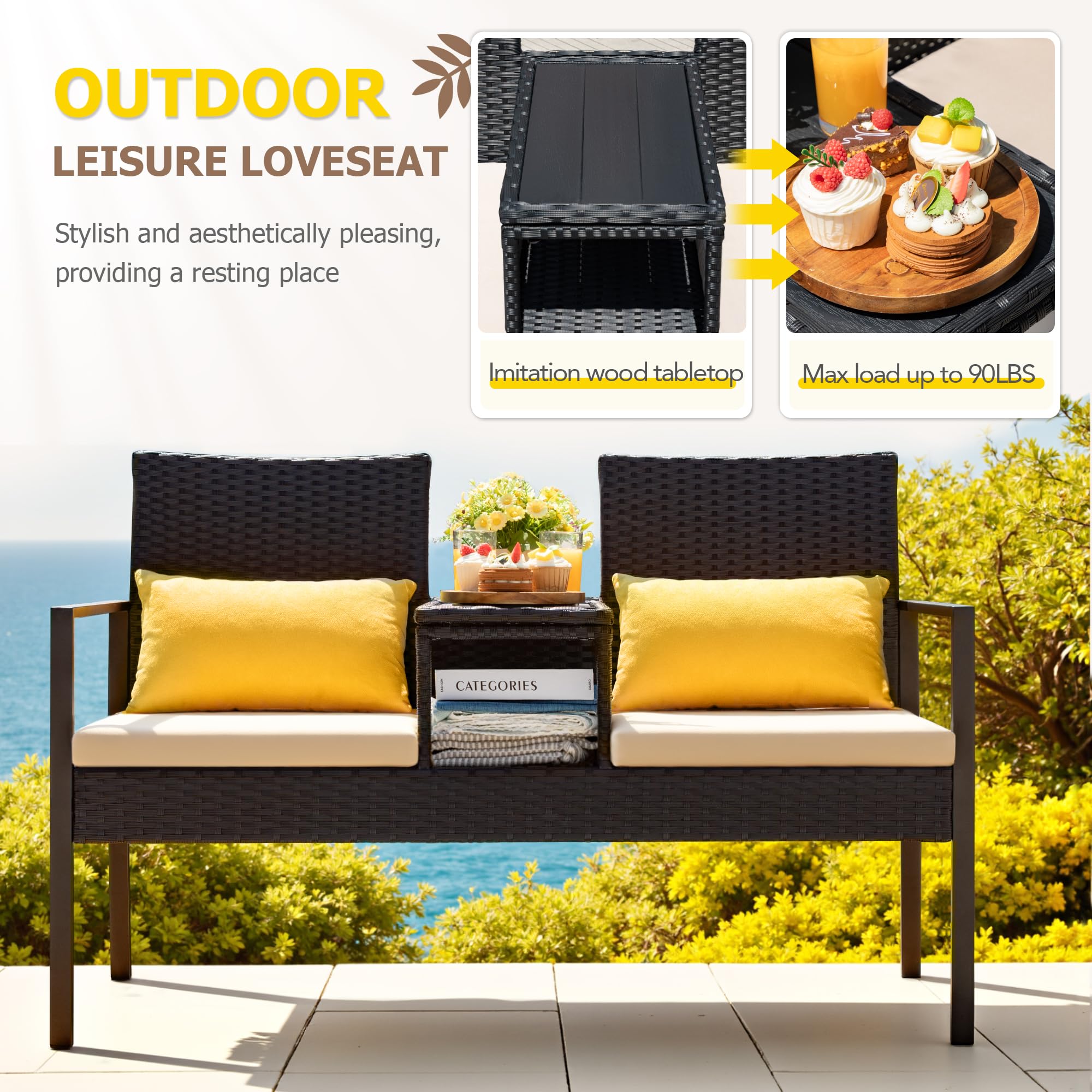 Outdoor Wicker Loveseat with Built-in Coffee Table
