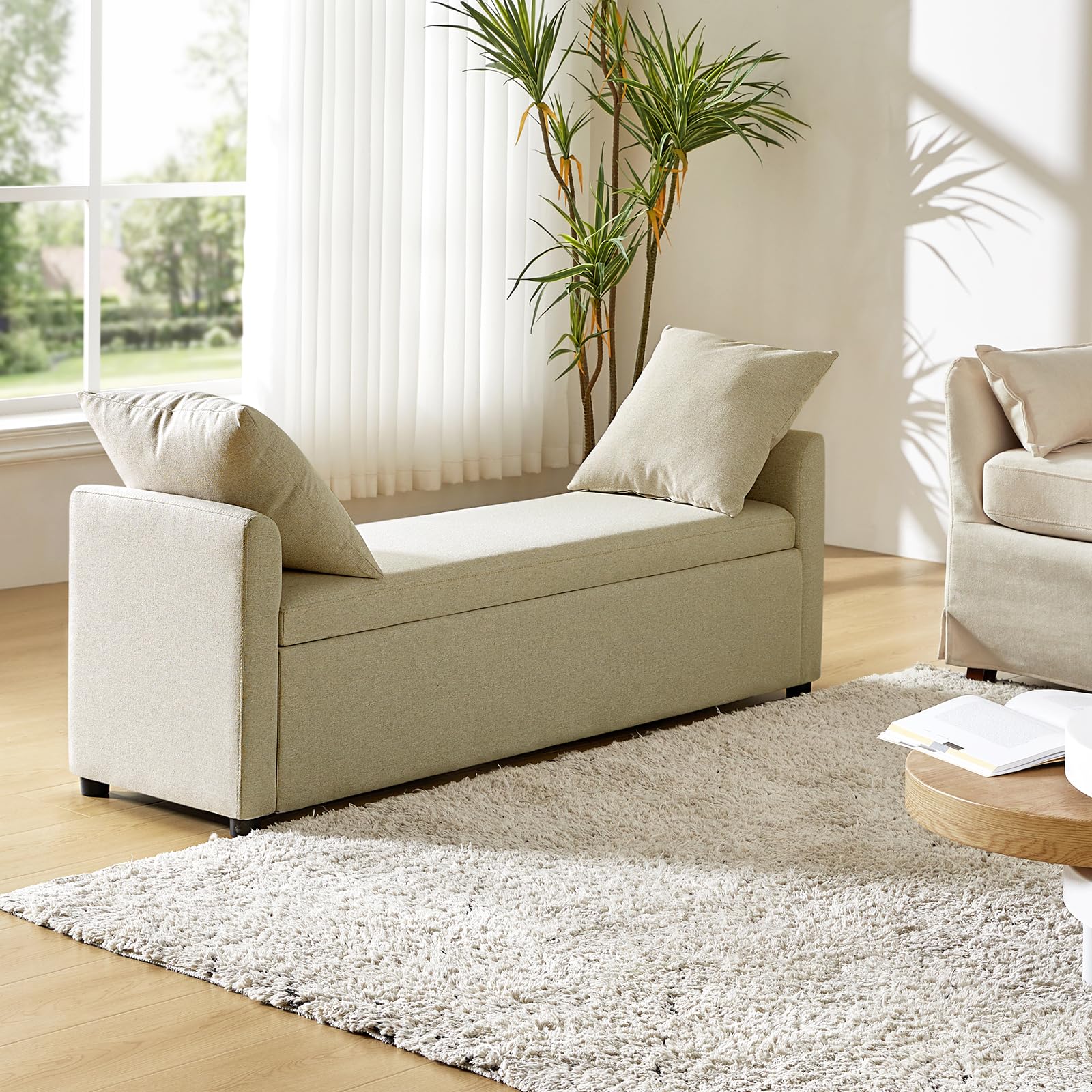 59.4" Modern Storage Bench with Throw Pillows - Beige Upholstered Ottoman