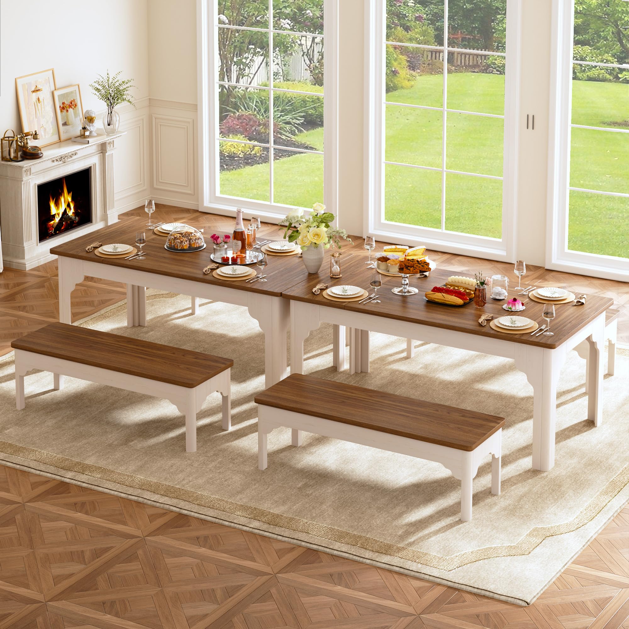 Farmhouse Dining Table Set with 2 Benches