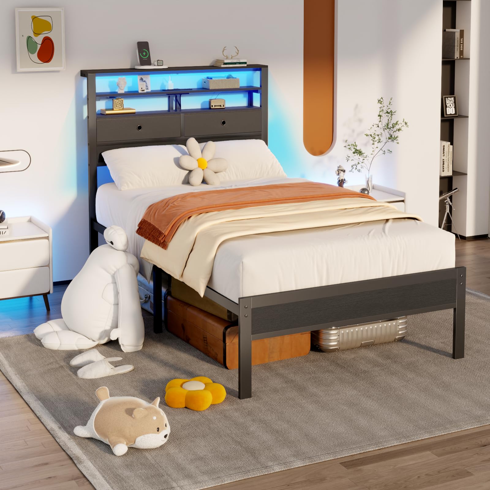 Twin Platform Bed with LED Lights and Charging Station