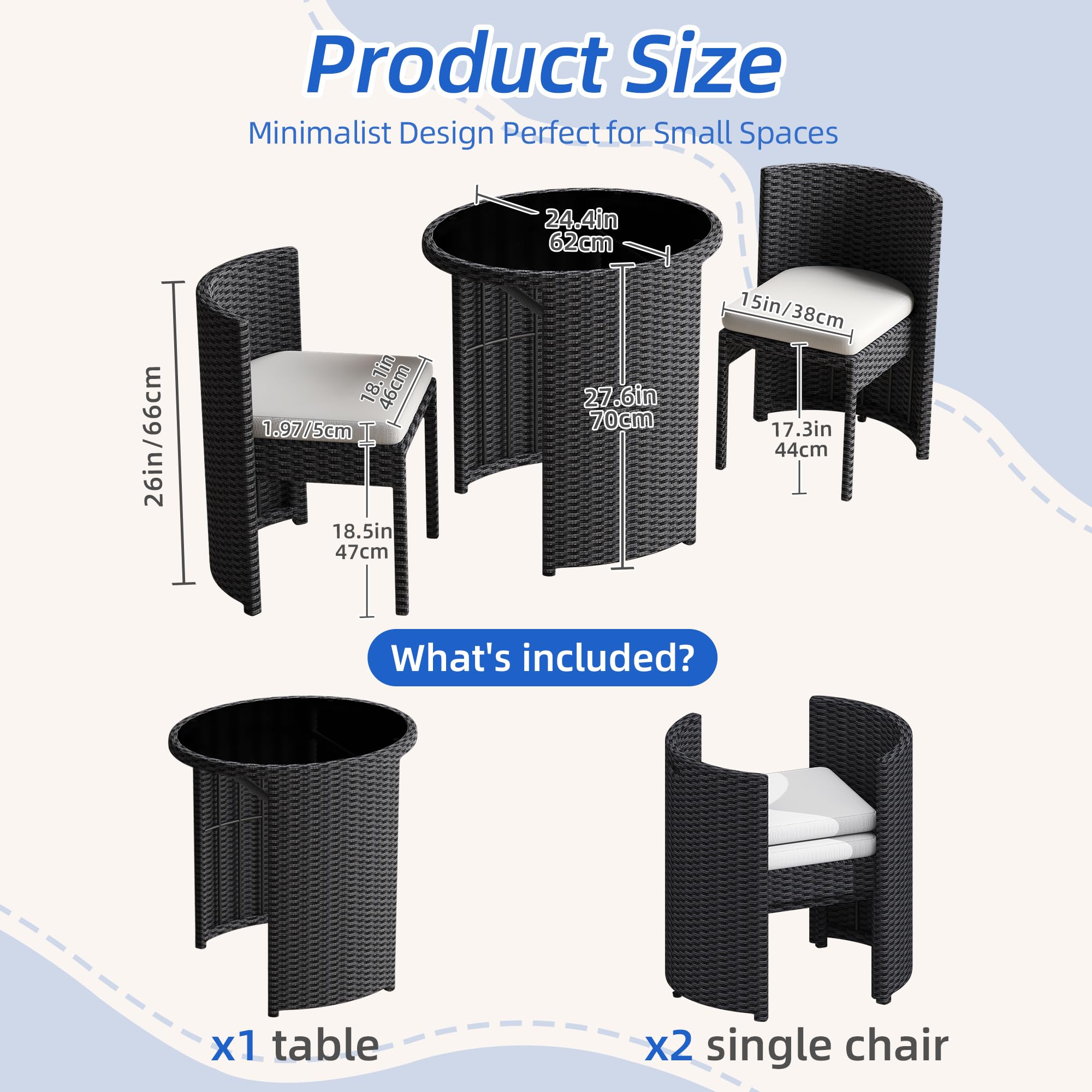 3-Piece Patio Bistro Set Handwoven Rattan Outdoor Furniture Black