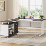 63 Inch L-Shaped Executive Desk with File Cabinet and Storage Shelves