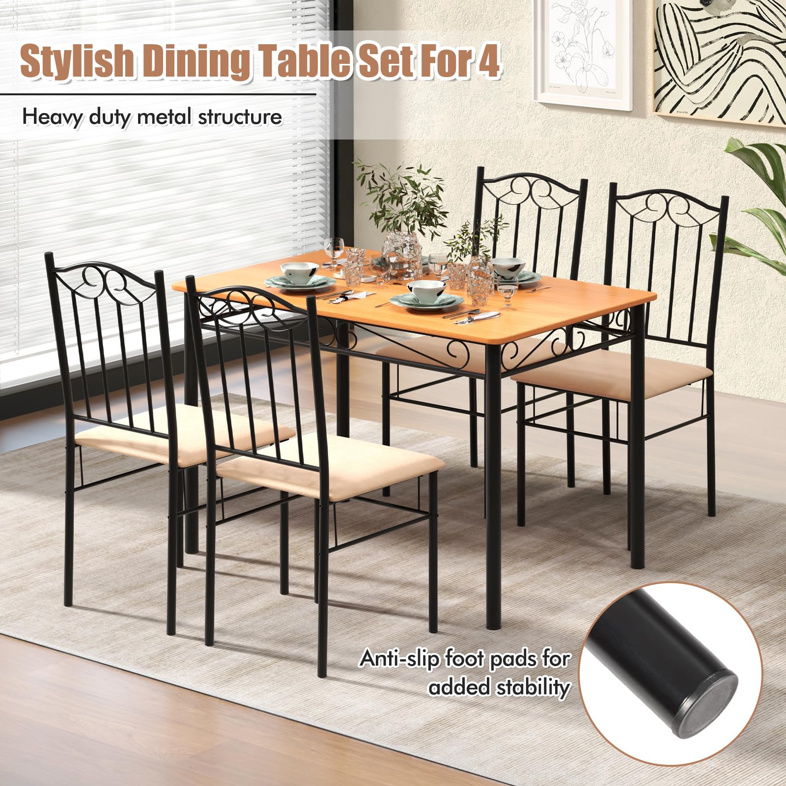5-Piece Dining Set with Rectangular Table and Upholstered Chairs