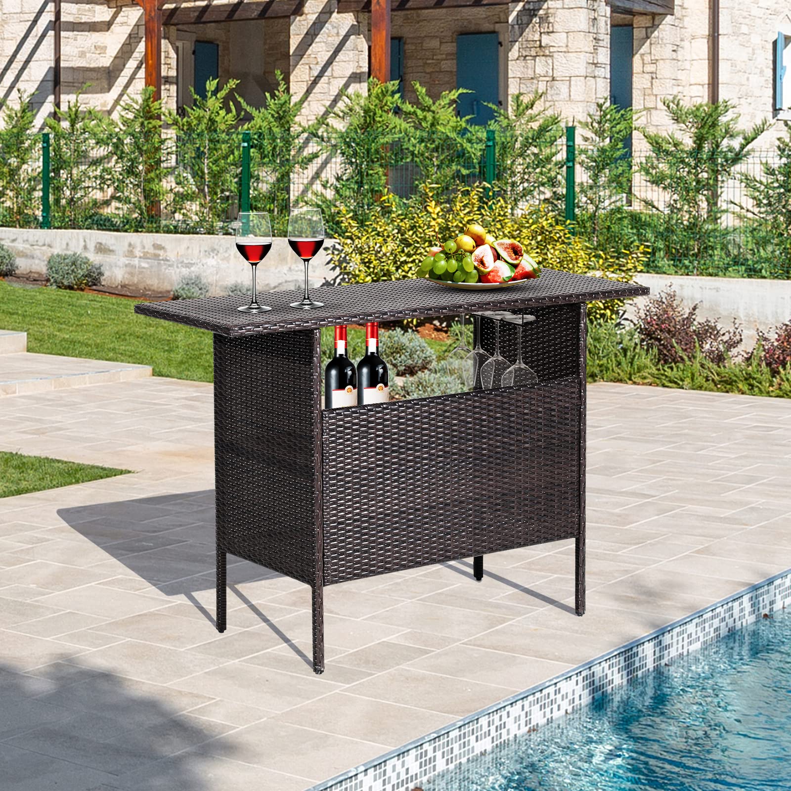 Outdoor Wicker Bar Table with Storage Shelves