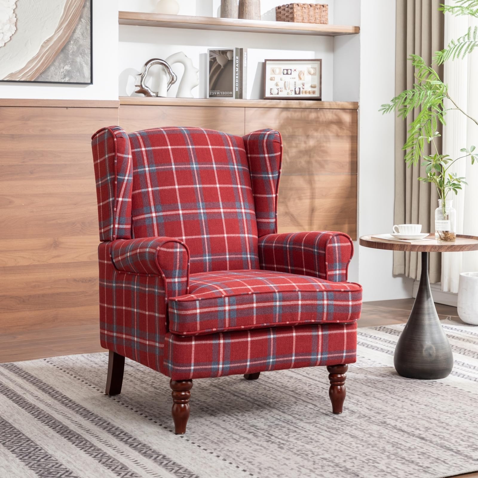 Vintage Tartan Wingback Armchair with Solid Wood Legs