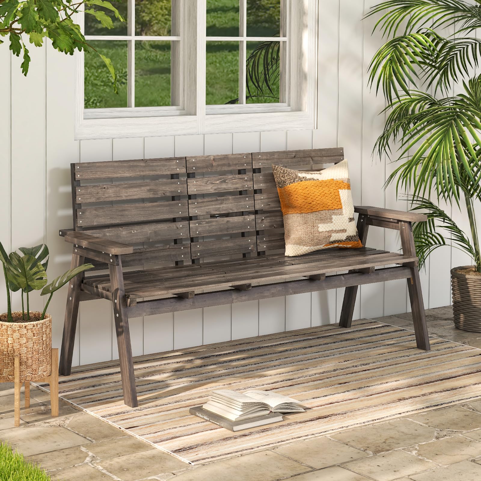 Foldable Outdoor Fir Wood Bench with Middle Table