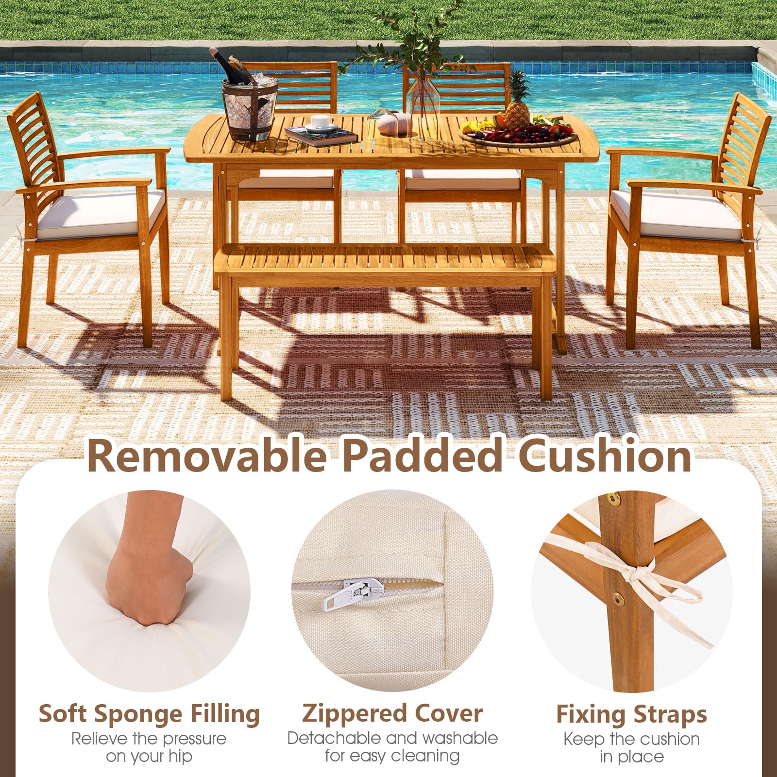 6-Piece Outdoor Acacia Wood Dining Set with Cushioned Chairs and Bench