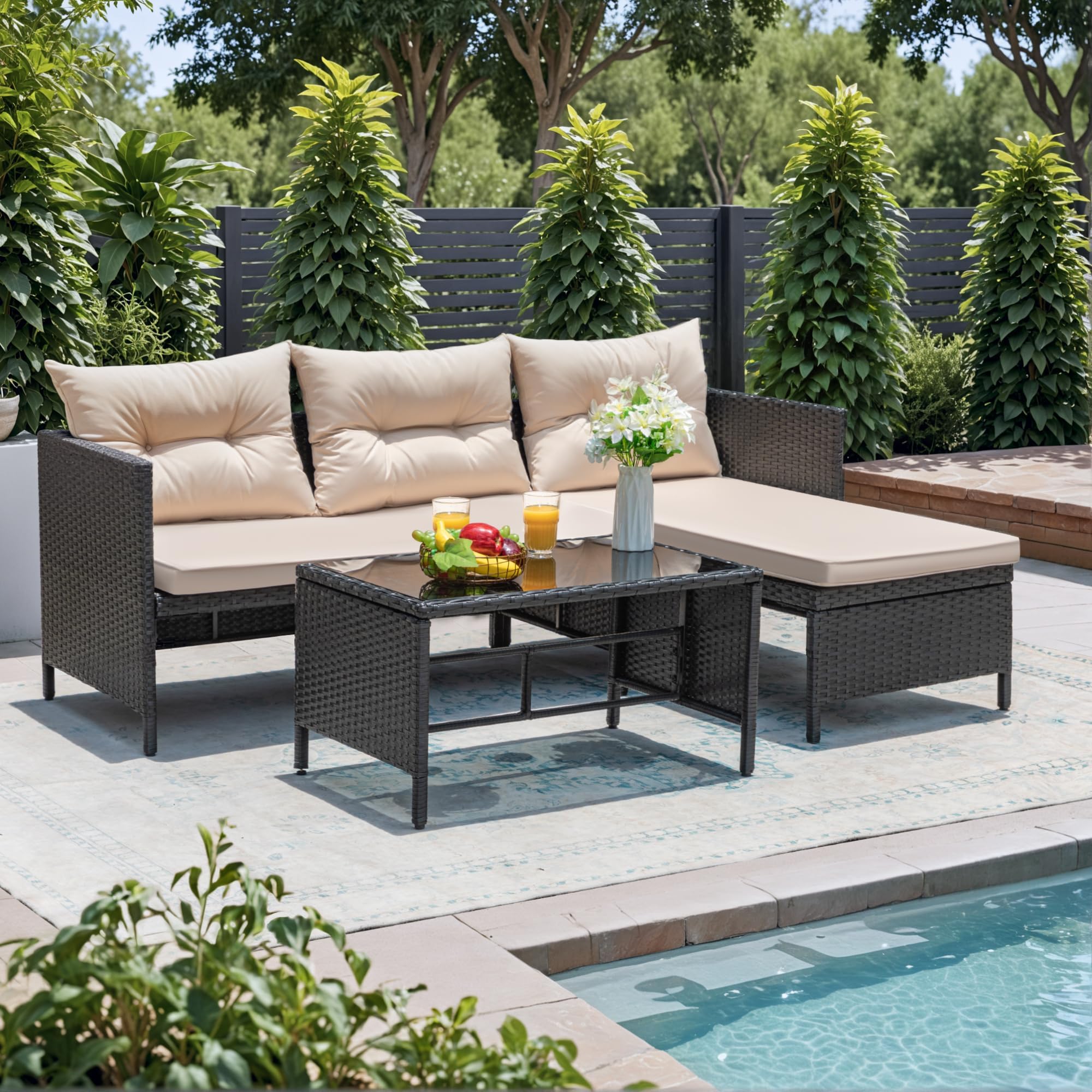 3 Piece Patio Furniture Set Outdoor Wicker Rattan Sectional Sofa with Cushions & Coffee Table