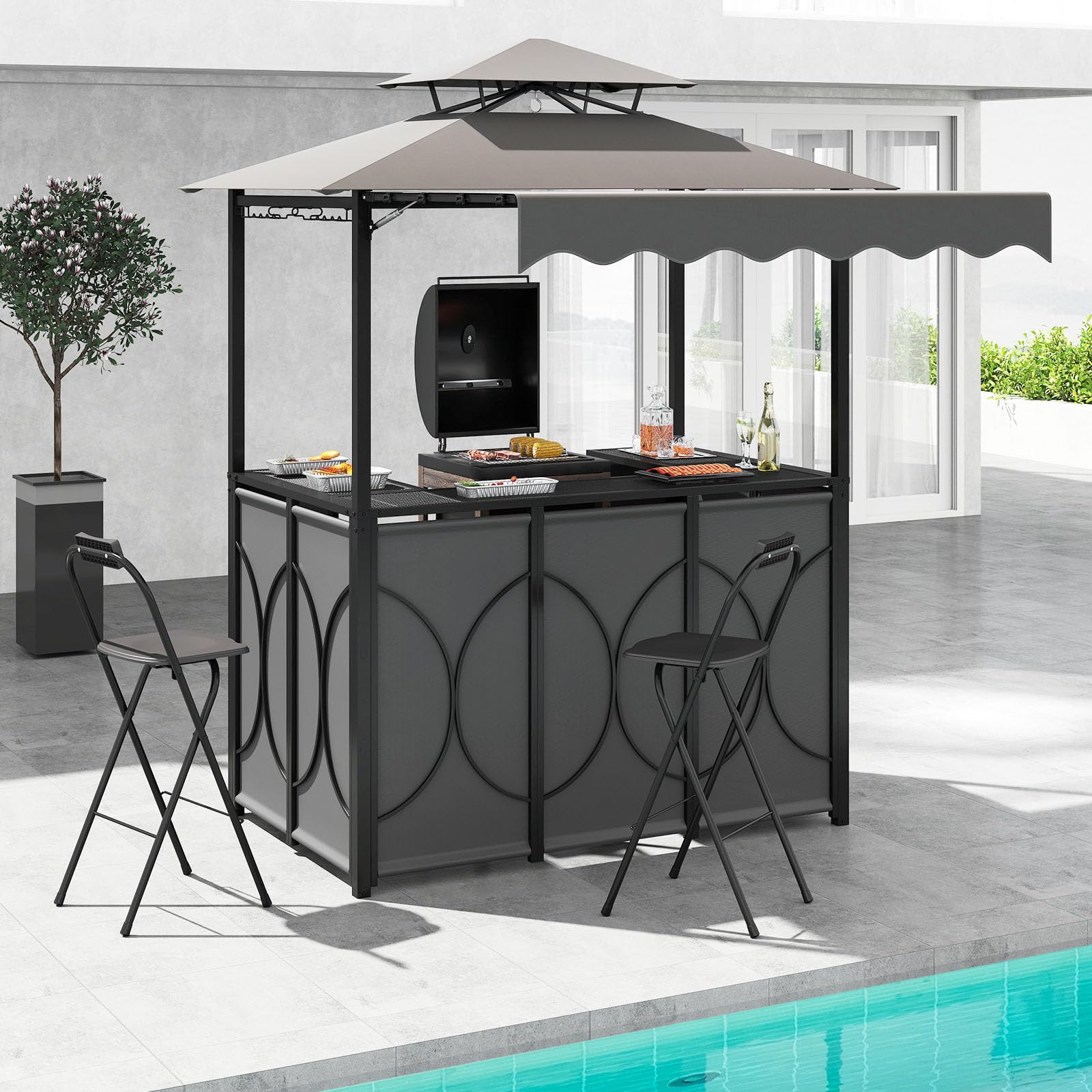 Grill Gazebo Bar Set with Awning and Foldable Stools