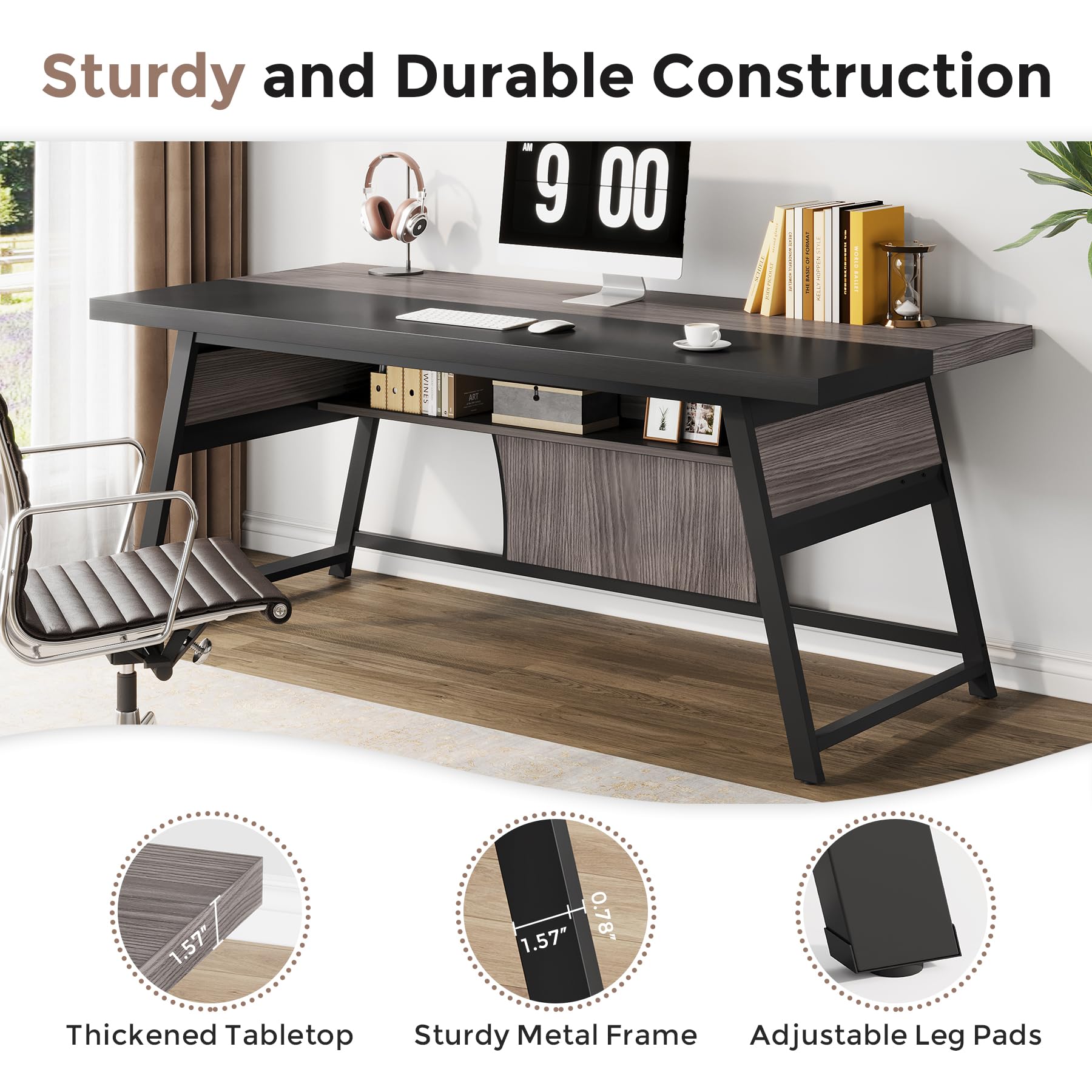 63-Inch Executive Desk with Bookshelf and LED Light