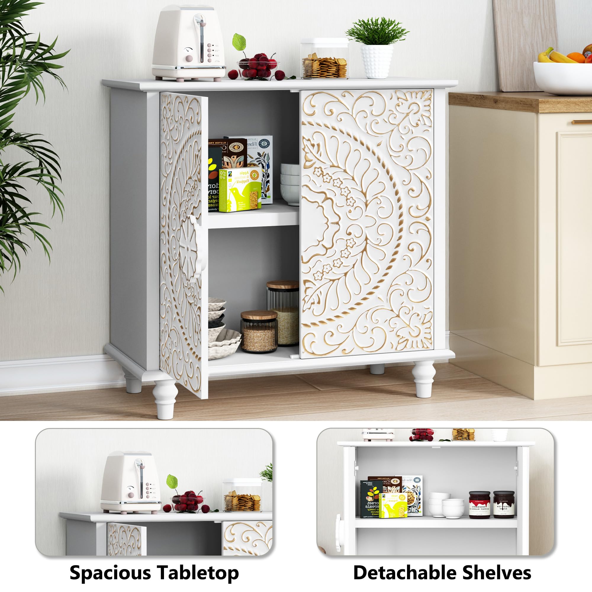 White Accent Cabinet with Carved Flower Pattern