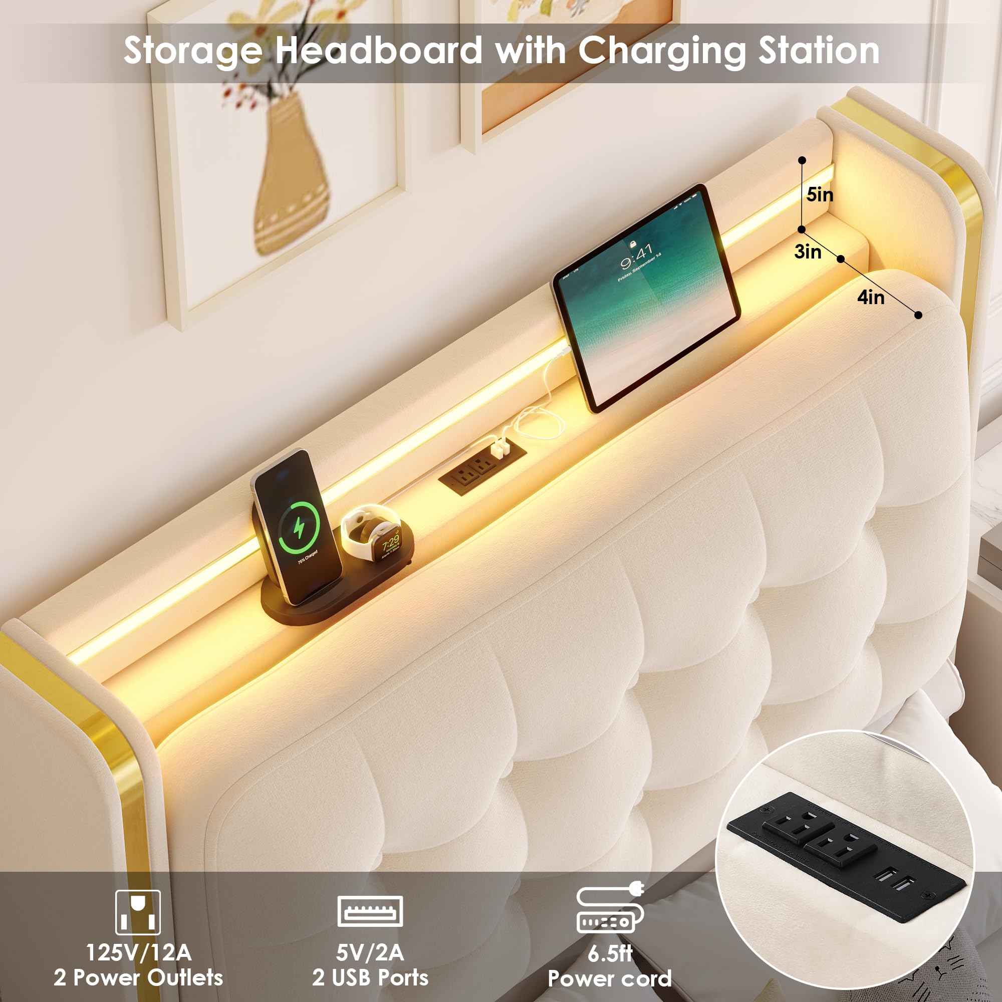 Upholstered LED Twin Bed Frame with Storage and Charging Station