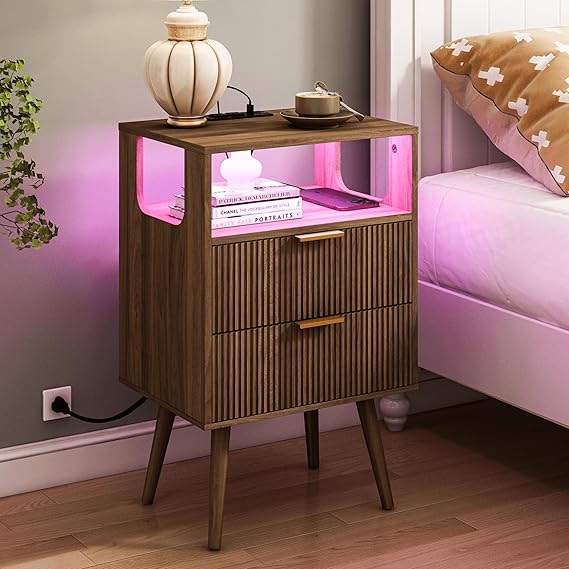 White Nightstand with Charging Station and LED Lights