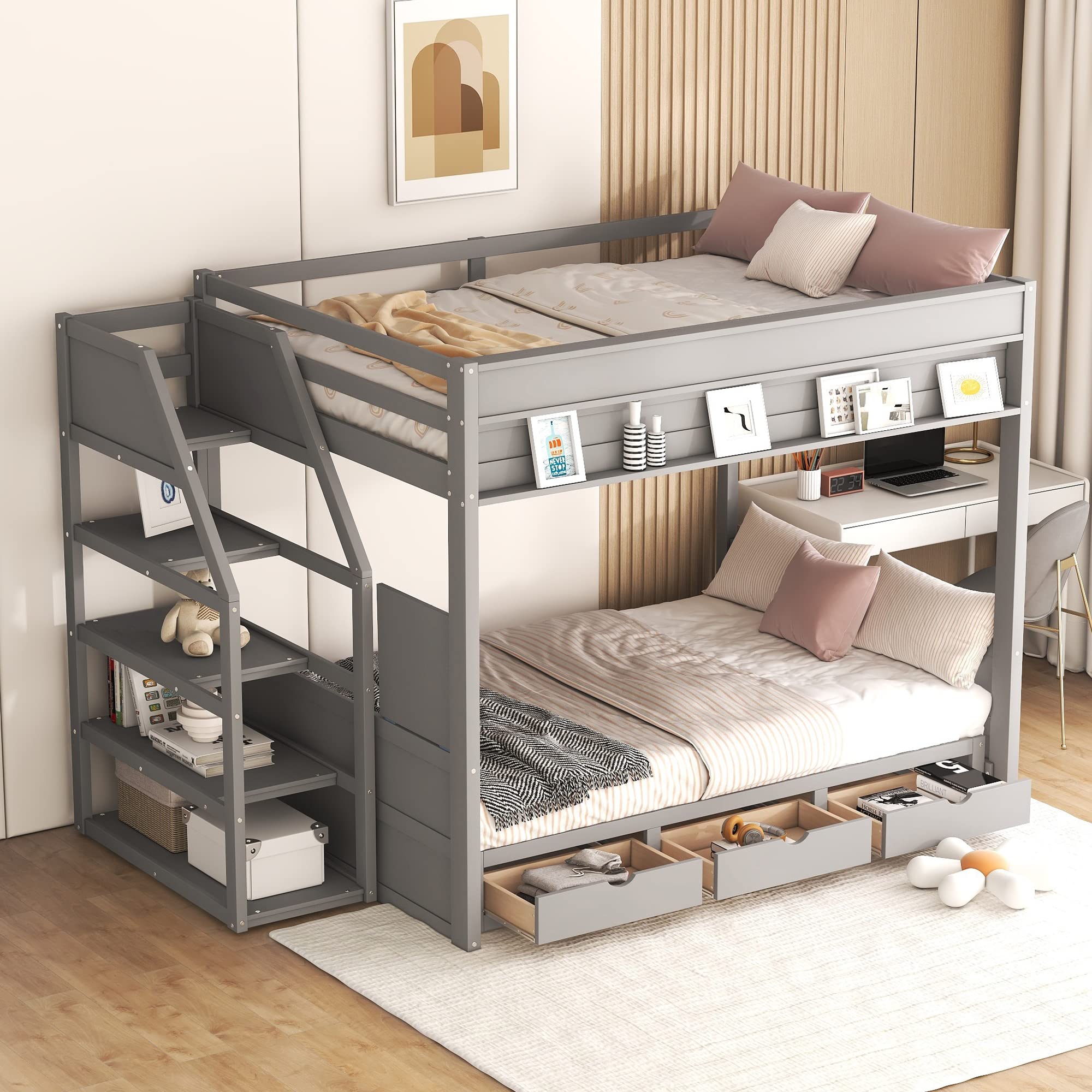Full Over Full Bunk Bed with Stairs and Shelf