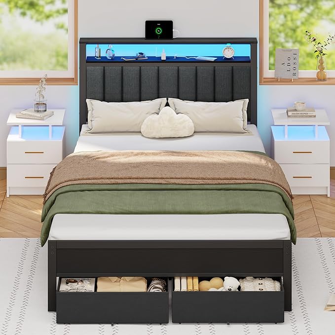 Full Size Bed Frame with Charging Station and LED Lights