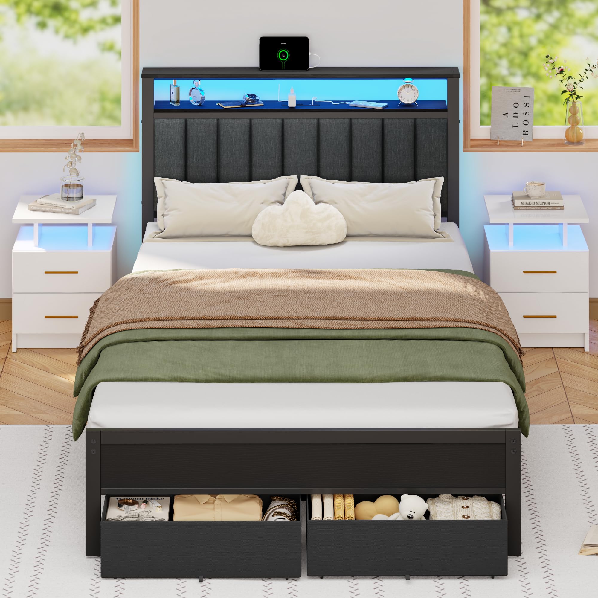 Full Size Bed Frame with Charging Station and LED Lights
