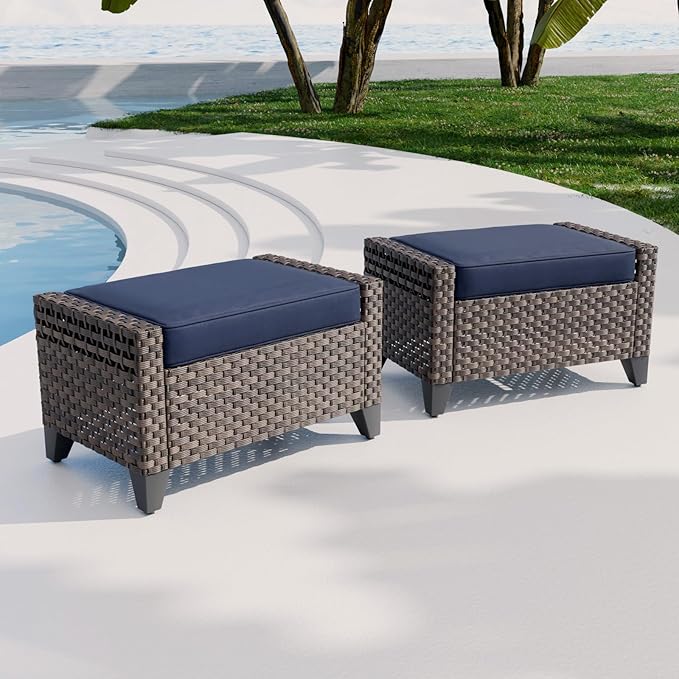 2 Piece Wicker Outdoor Ottomans with Removable Cushions