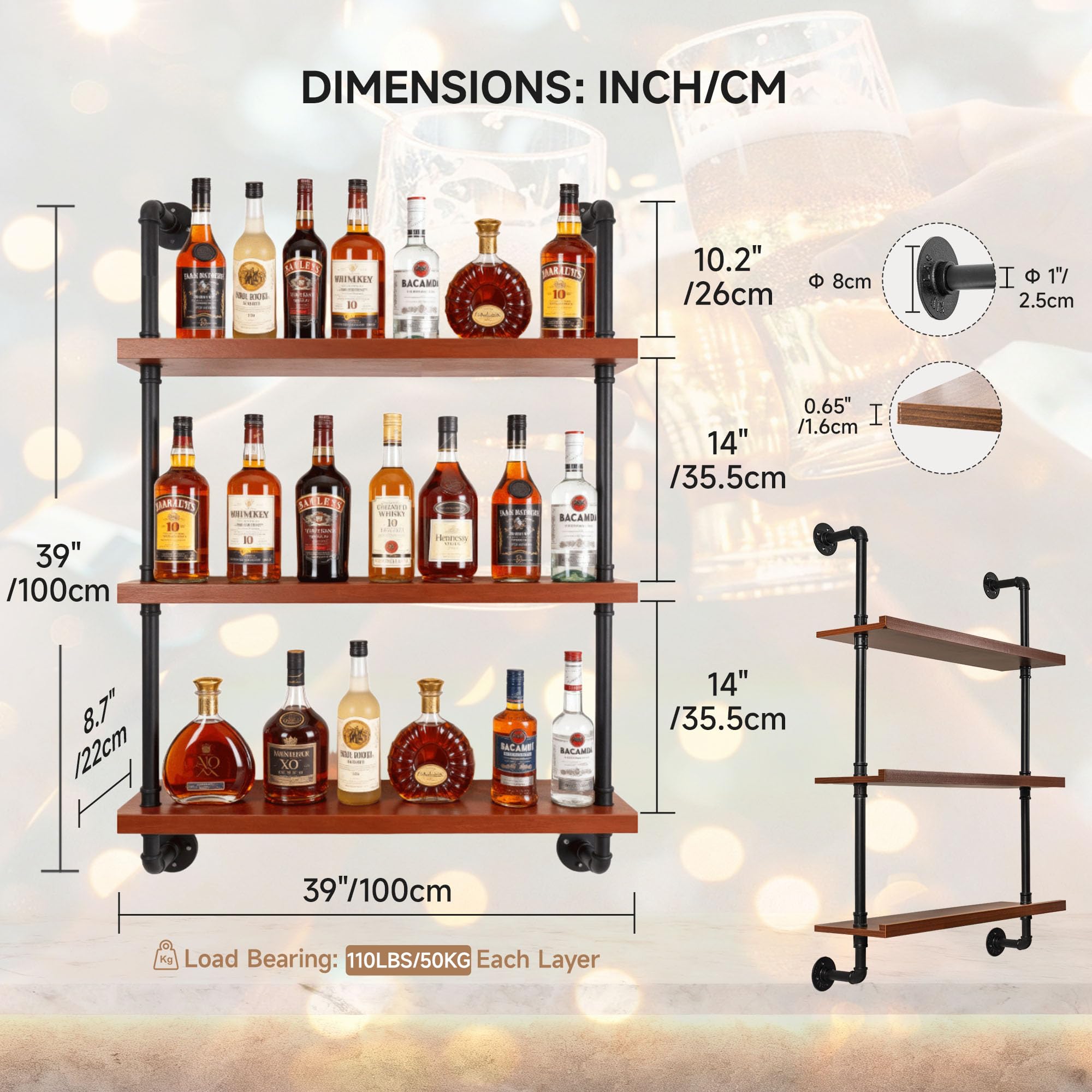 39" Wall Mounted Wine Rack with LED Lights - 3 Tier Industrial Pipe Floating Shelves