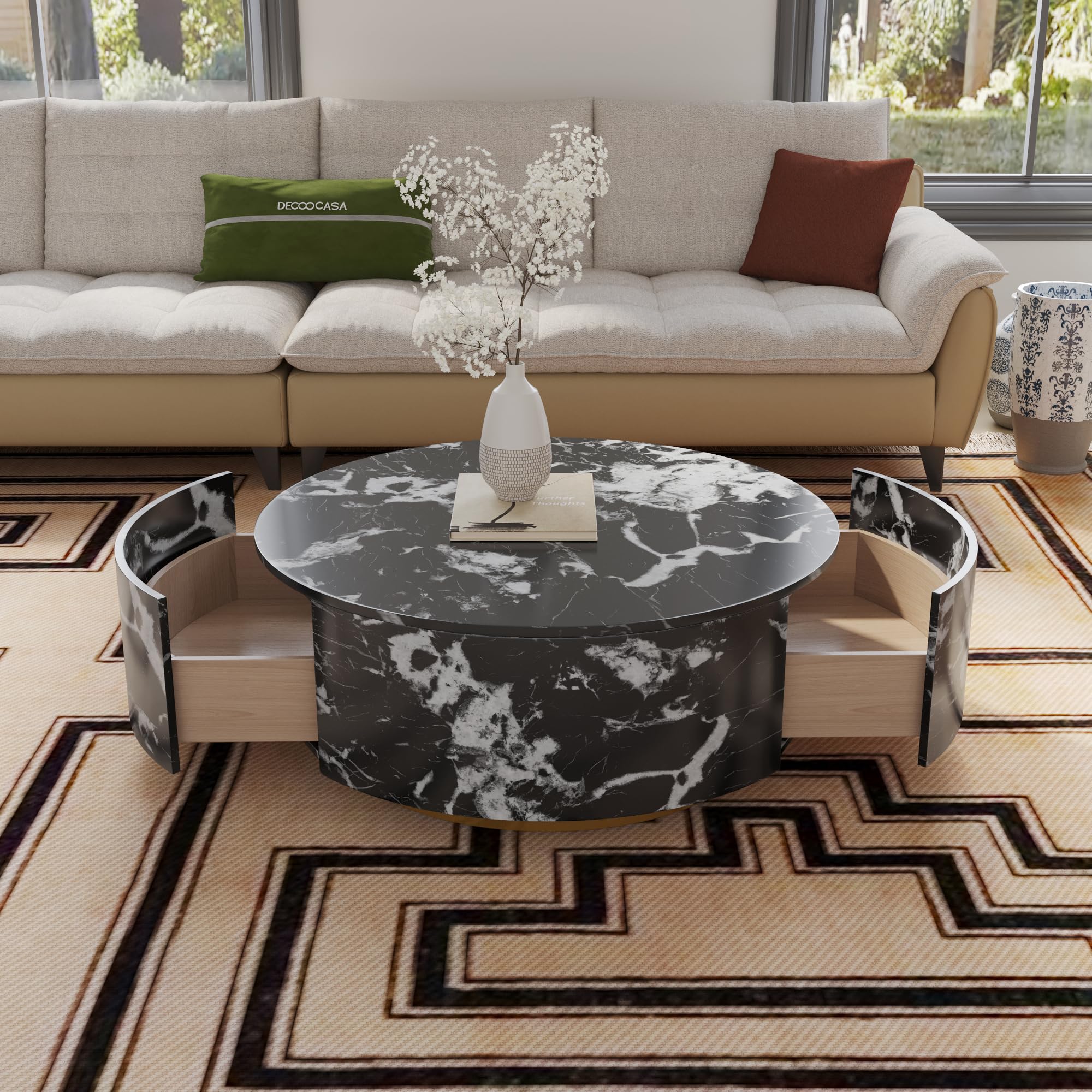 33.47" Round Coffee Table with Drawers and Faux Marble Surface