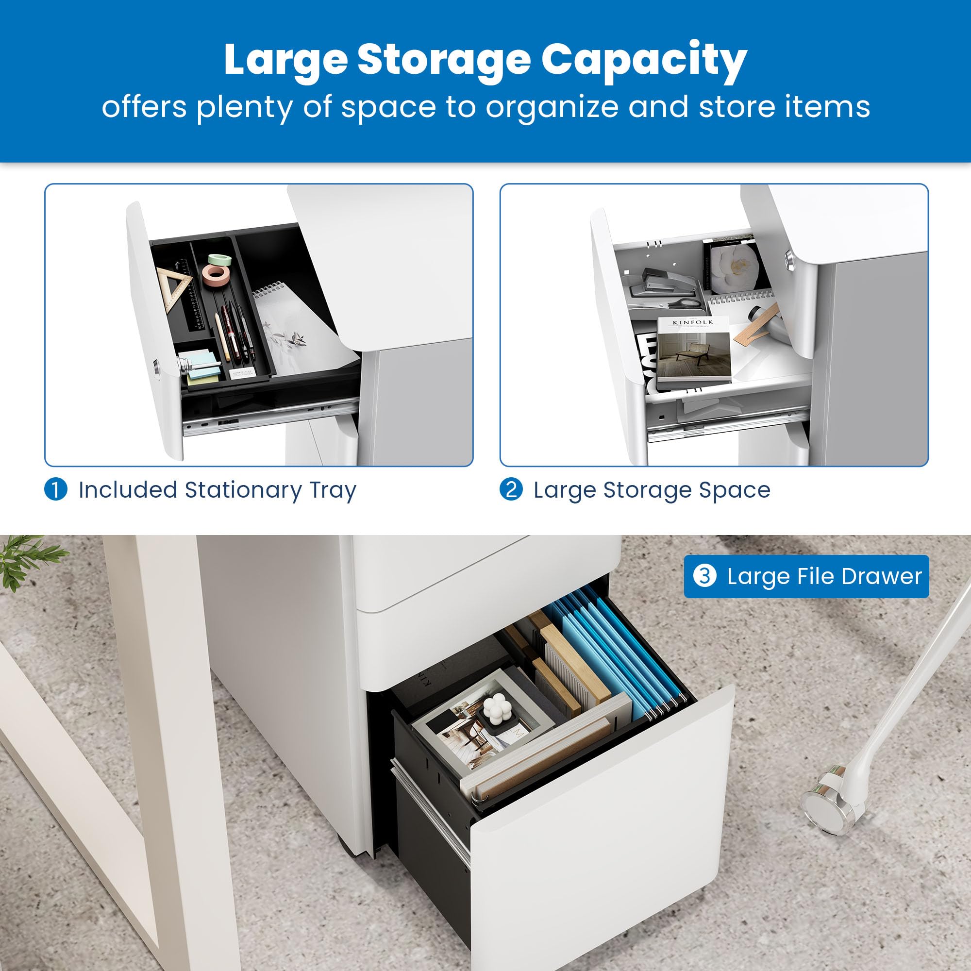 3-Drawer Rolling File Cabinet with Lock