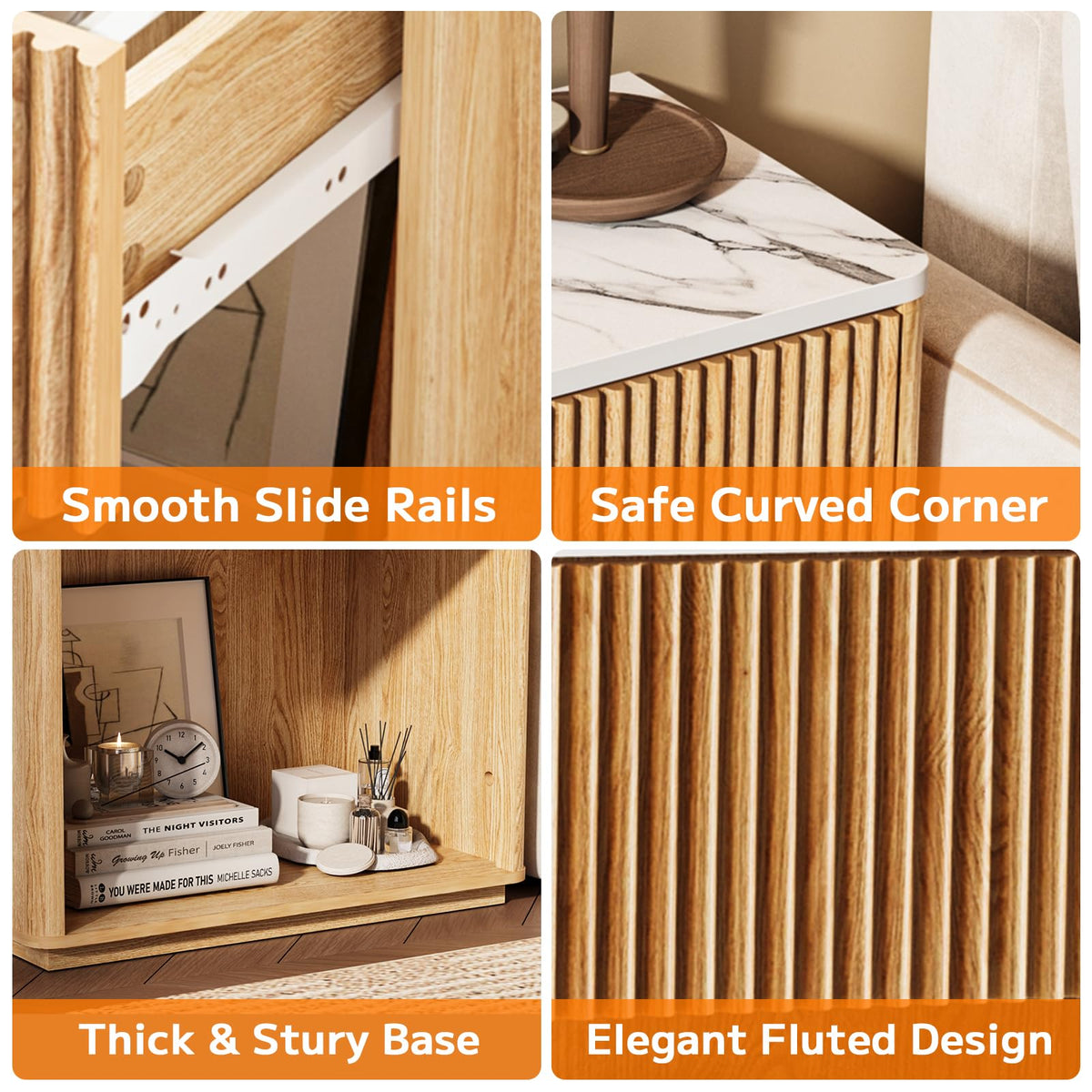 Modern Fluted Nightstand Set of 2 with Drawer and Open Shelf
