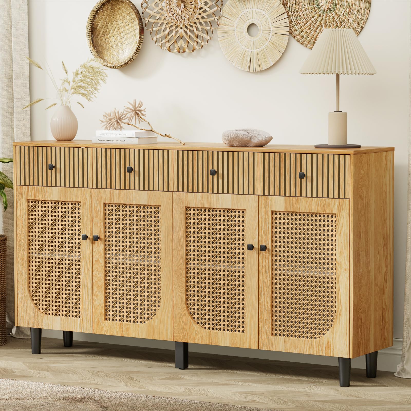 63 Inch Rattan Sideboard Buffet Cabinet with 4 Drawers