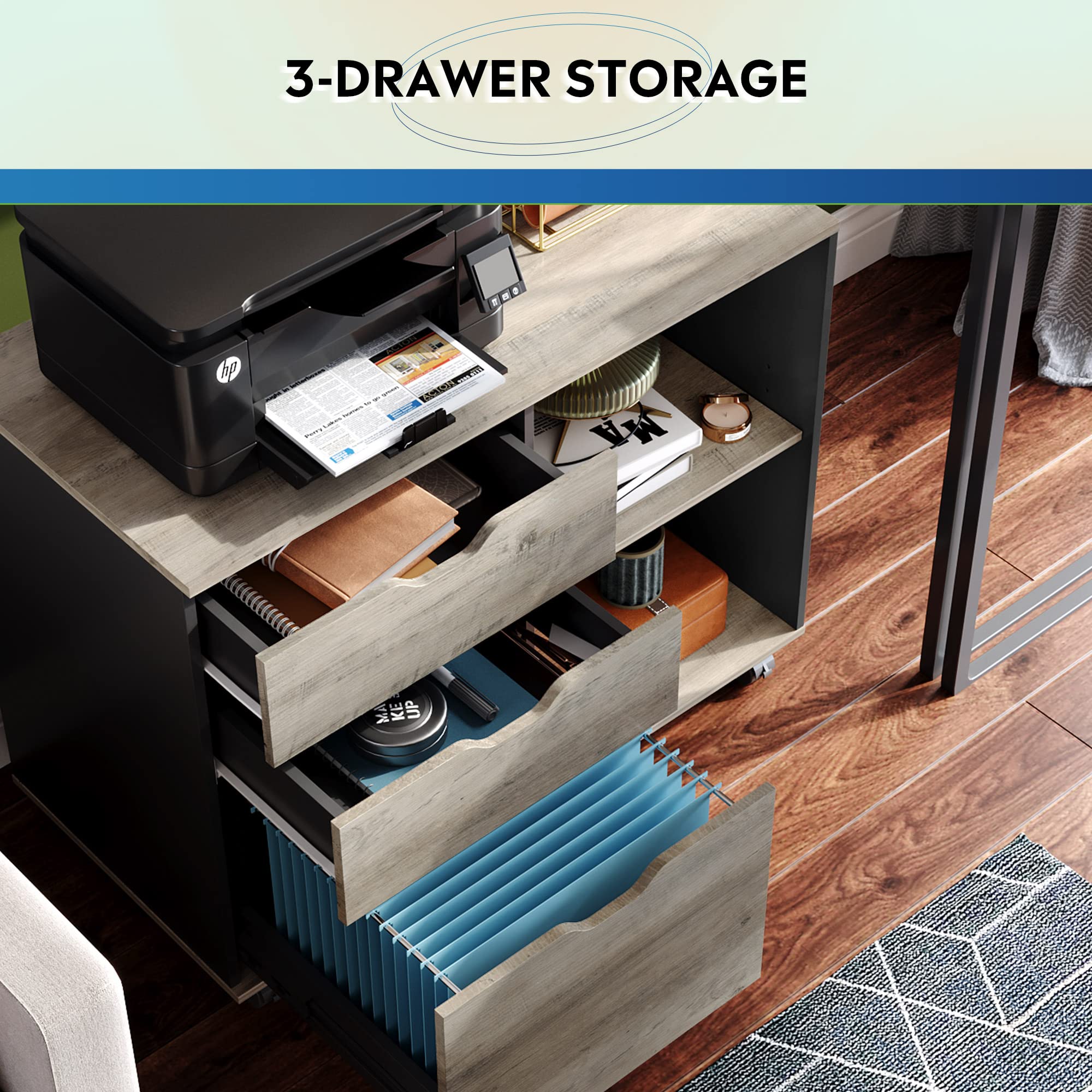 3-Drawer Mobile Filing Cabinet with Printer Stand