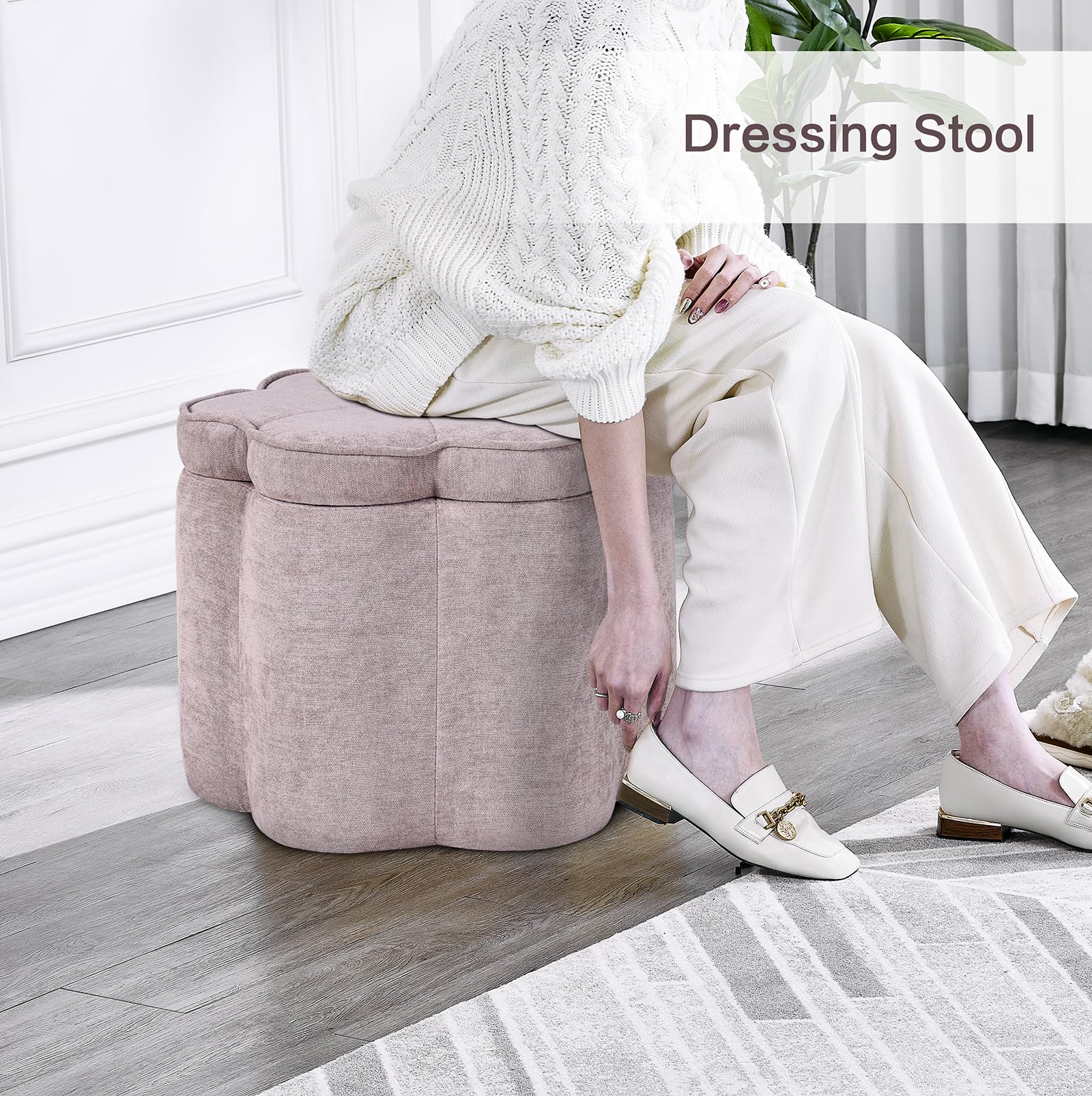 Pink Flower Storage Ottoman with Chenille Fabric