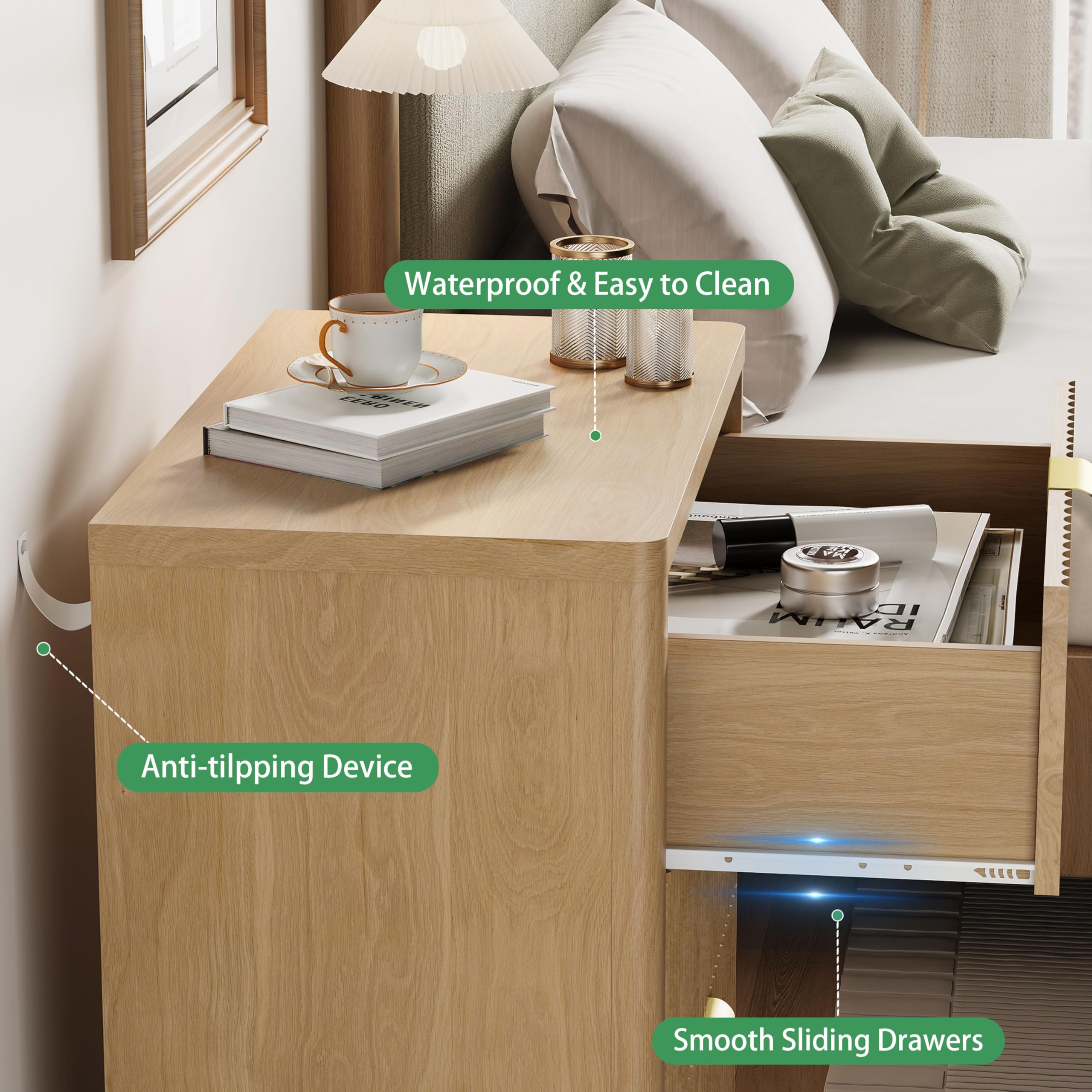 3-Drawer Fluted Nightstand with Metal Handle
