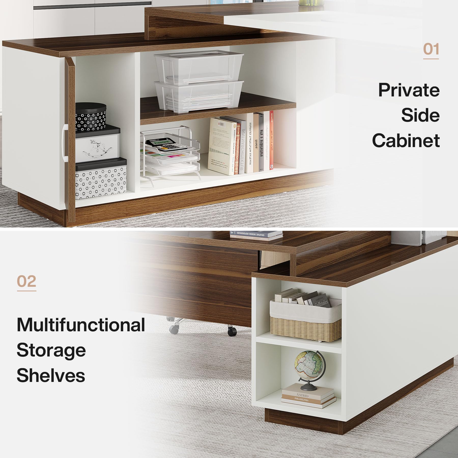 L-Shaped Executive Office Desk with Storage Cabinet and Shelves