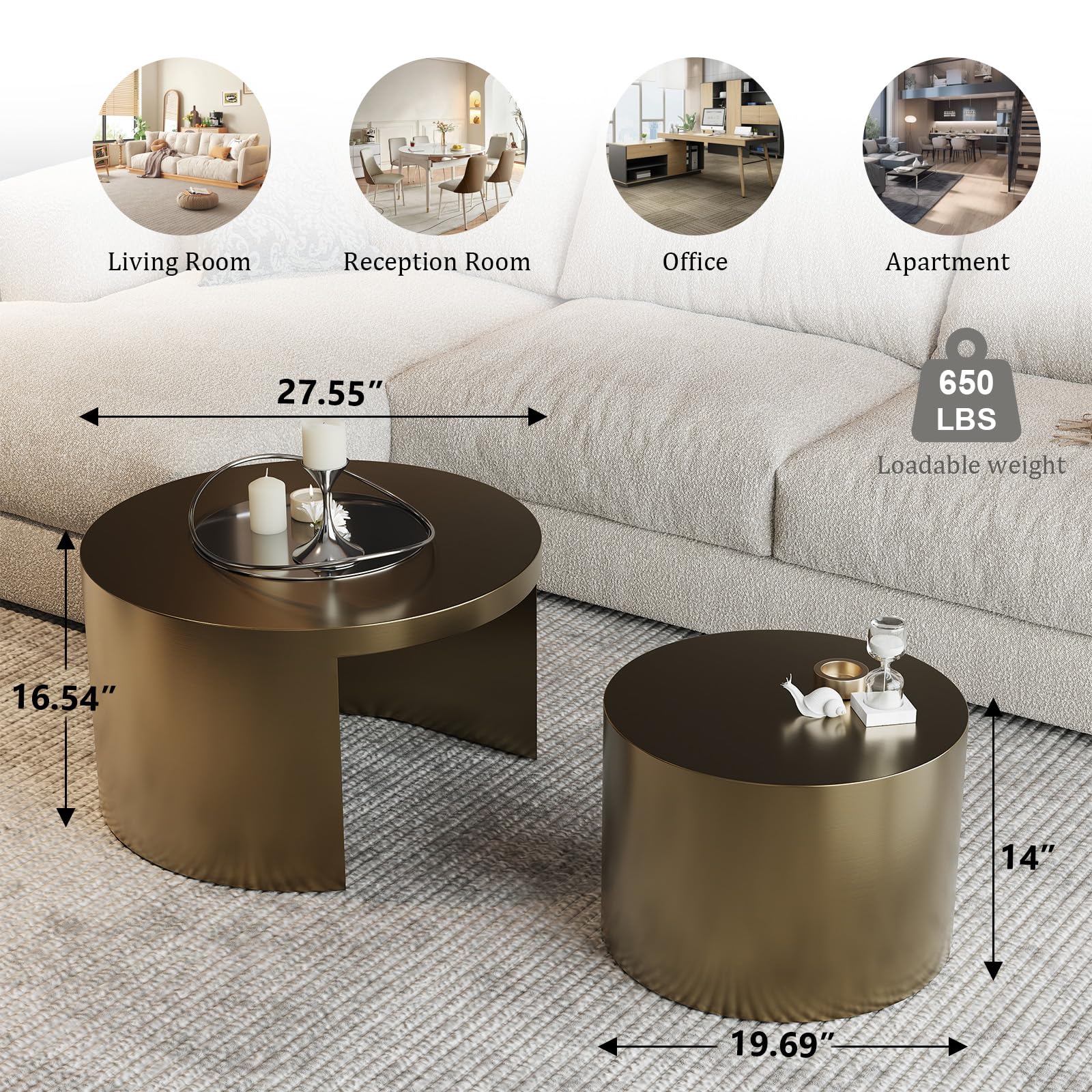 Nesting Coffee Table Set Gold Brushed Textured Brass 2-Piece