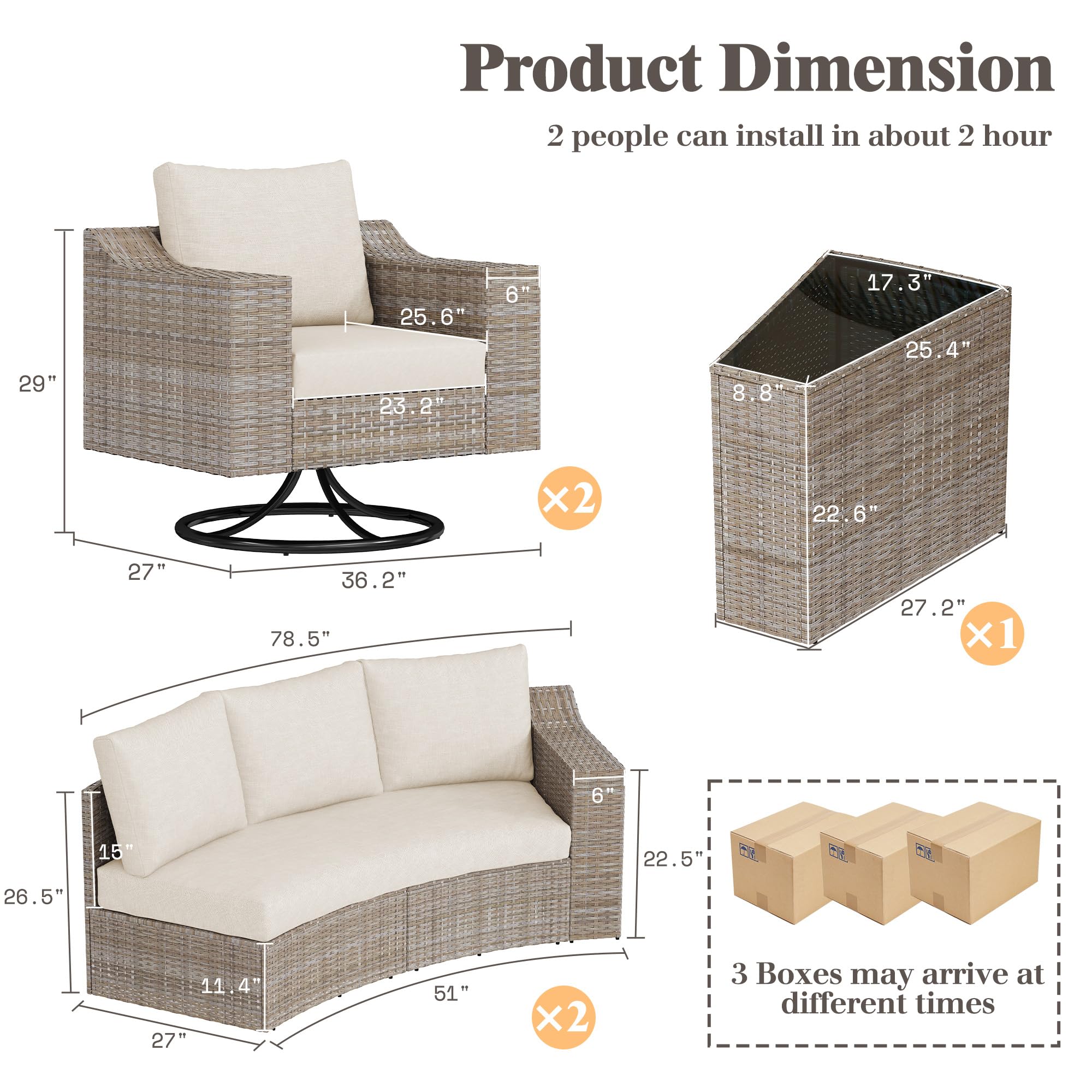 9-Piece Curved Wicker Patio Sectional with Swivel Rocking Chairs