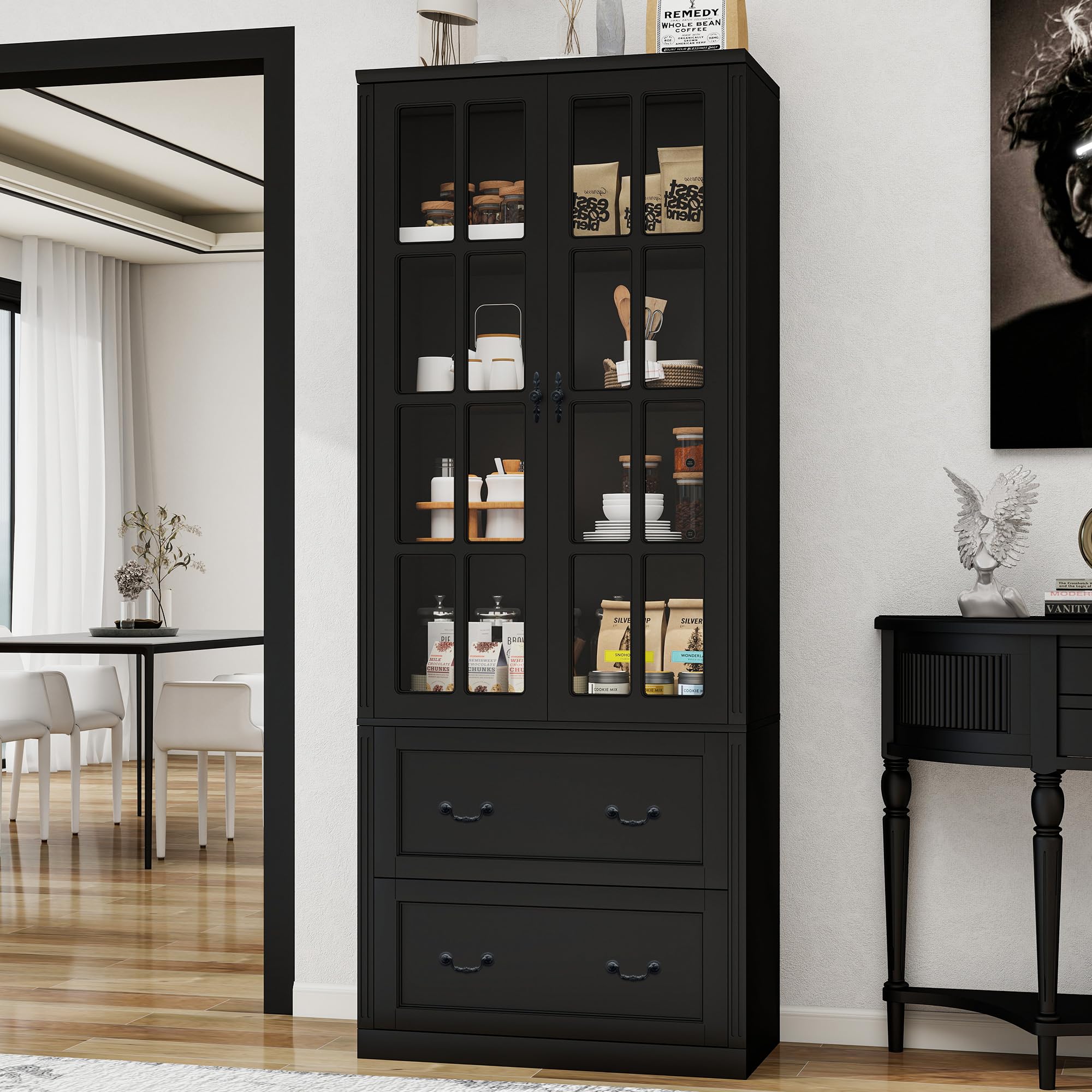 Tall Storage Cabinet with Glass Doors and Drawers