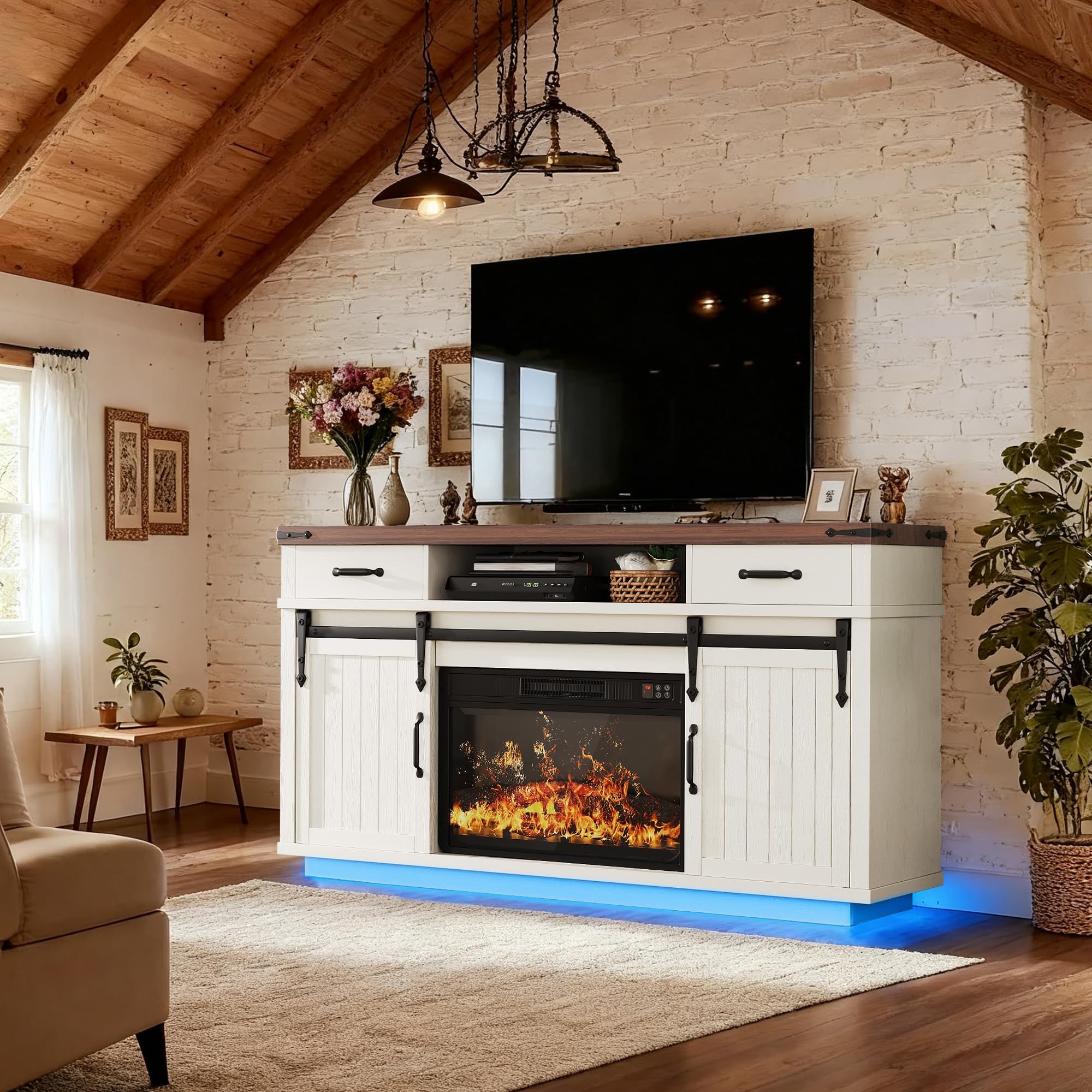 59" Fireplace TV Stand with Electric Heater and Sliding Barn Door