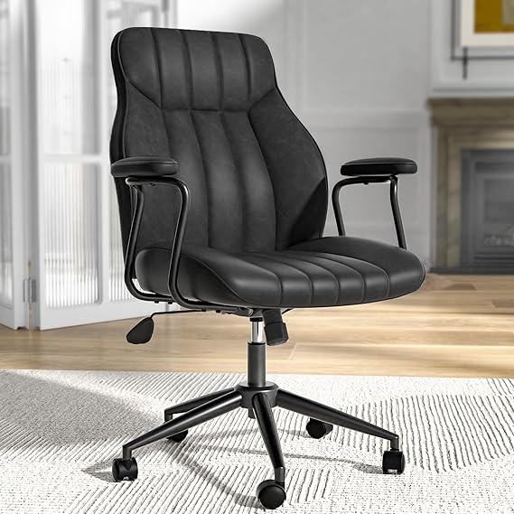 Brown Leather Office Chair - Height Adjustable with Wheels