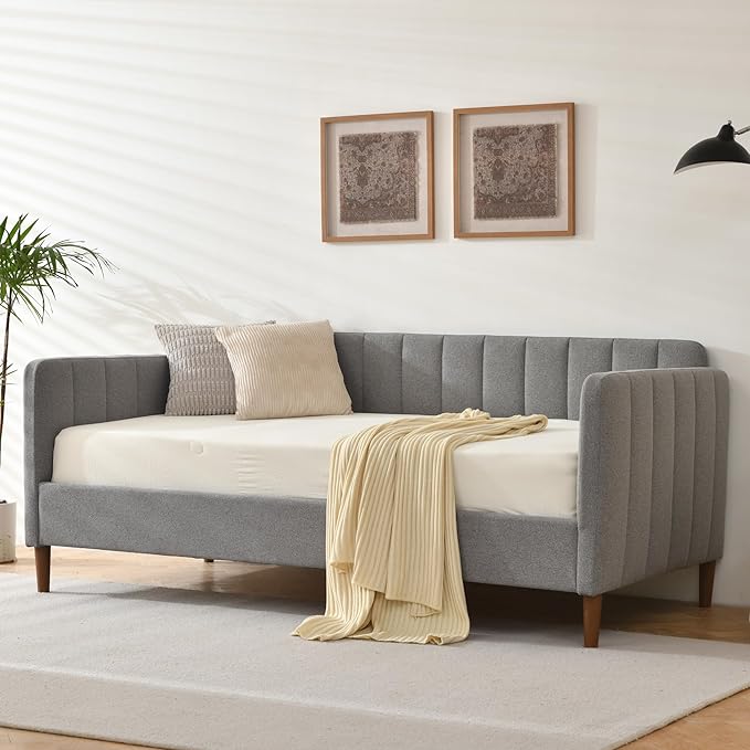 Twin Size Upholstered Daybed with Wood Slat Support - Light Green
