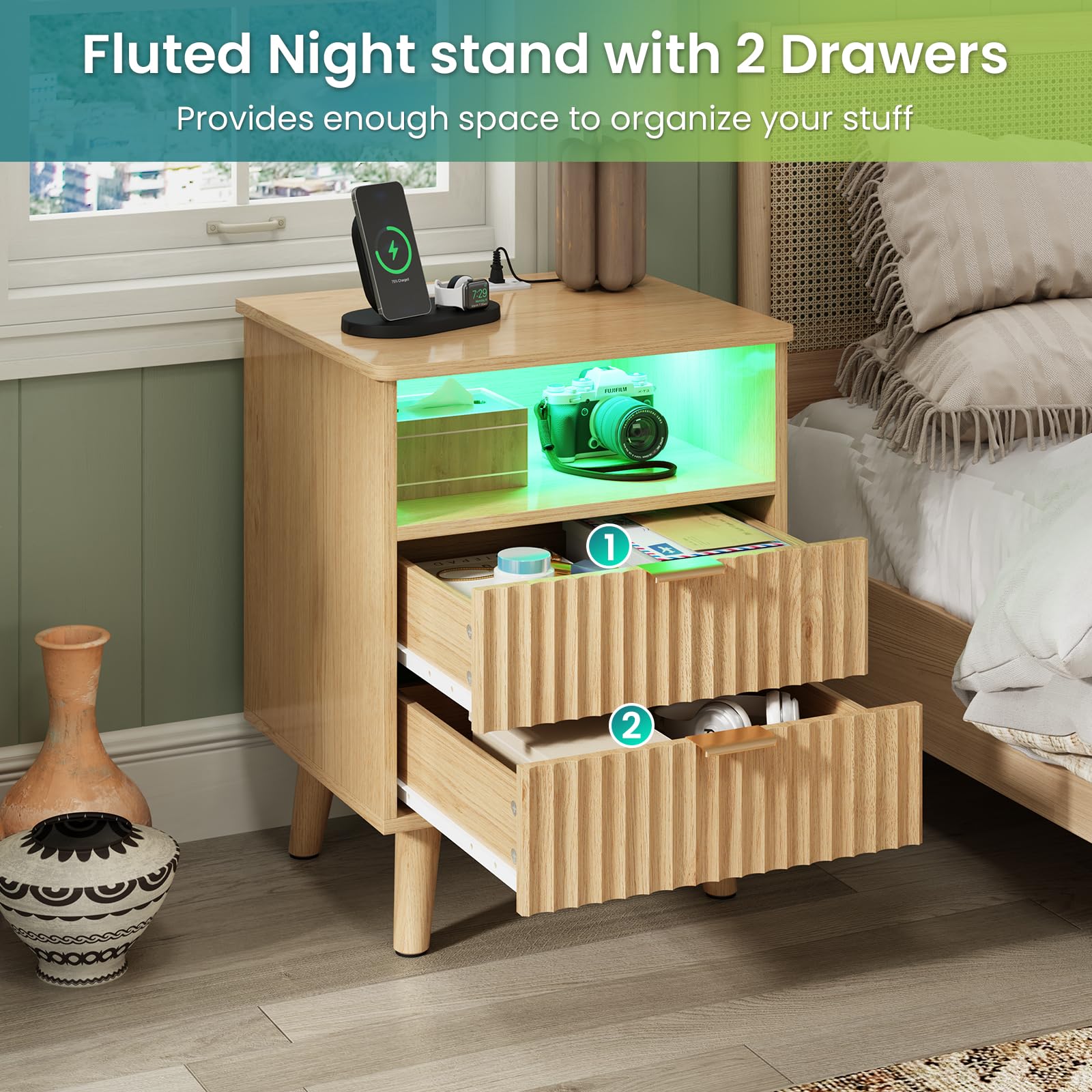 AOGLLATI Fluted Nightstand Set of 2 with Charging Station, LED Nightstand with 2 Drawers and Open Storage Cubby, Modern Bedside Table with LED Lights & Metal Handle for Bedroom