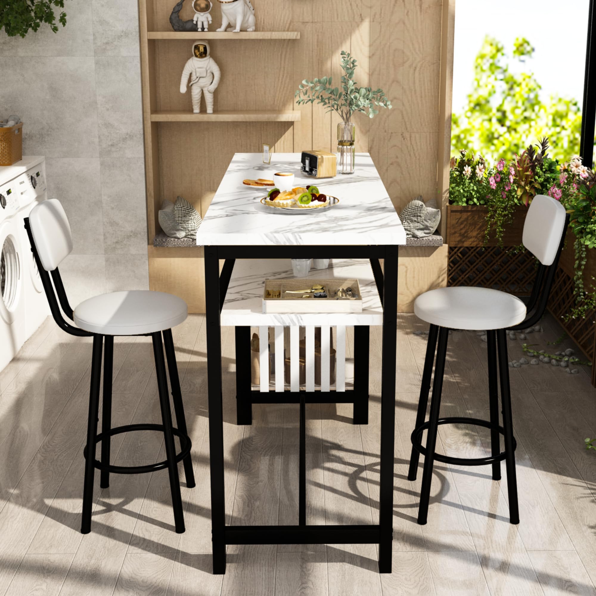 3-Piece Bar Table and Chairs Set with Storage Shelves