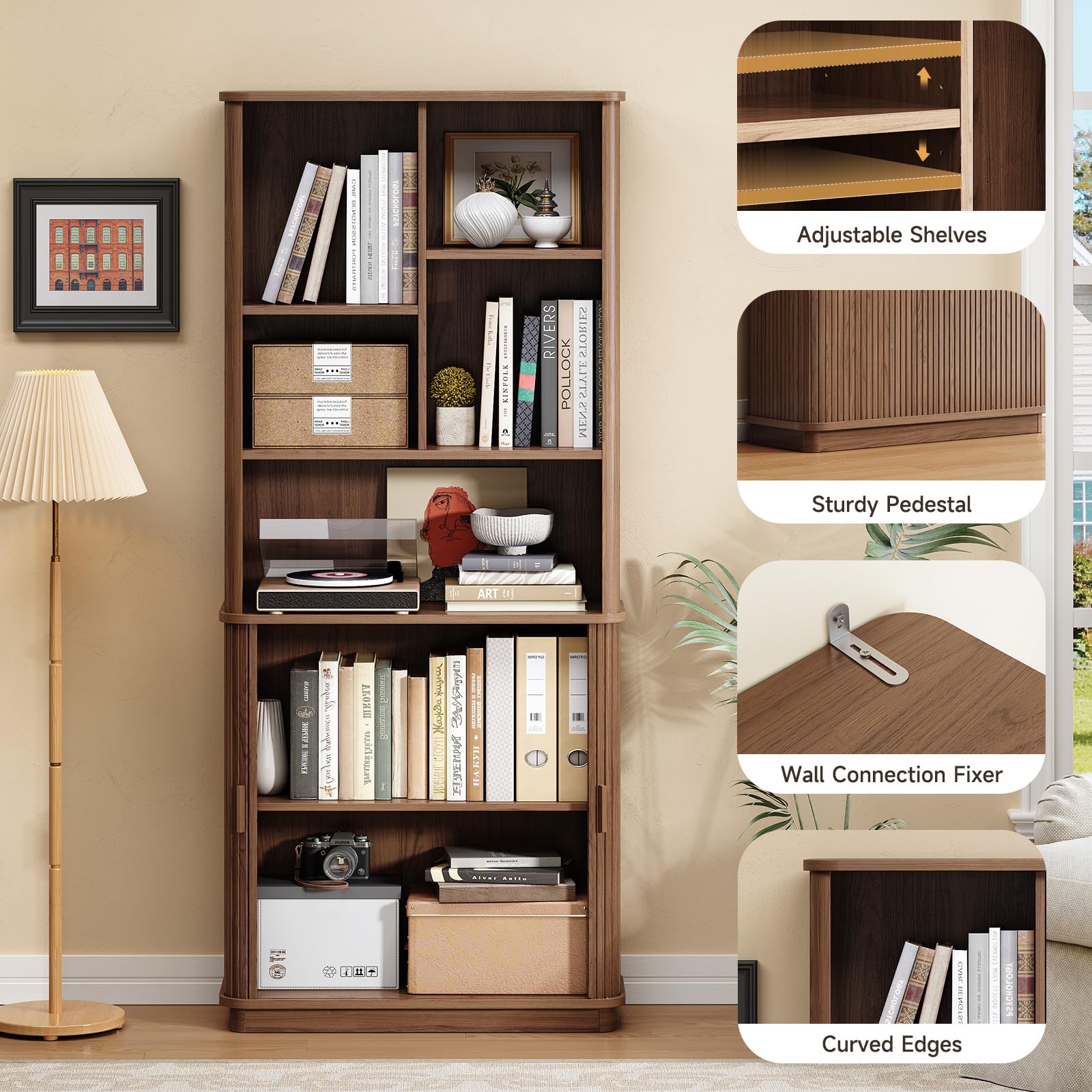 71" Curved Bookshelf with Storage Cabinet