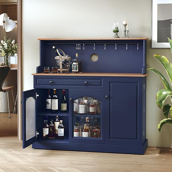 Coffee Bar Cabinet with Storage and Glass Doors