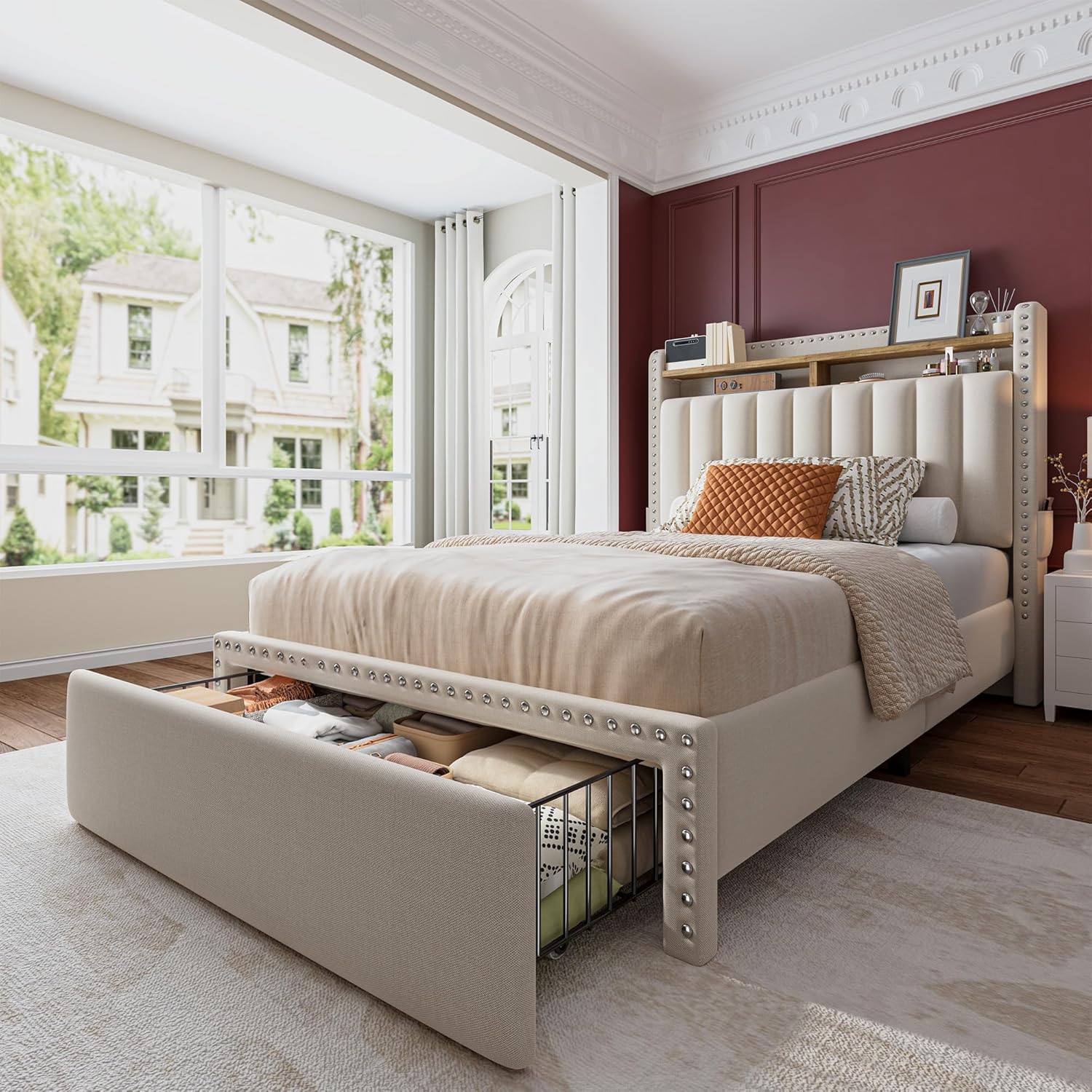 Queen Size Upholstered Bed Frame with Storage Drawers