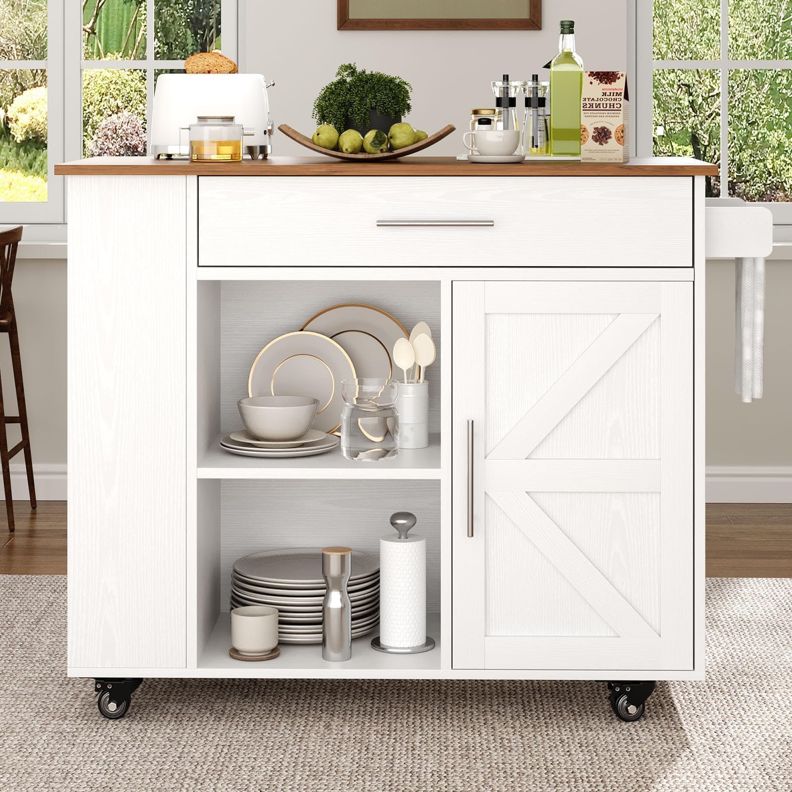 Kitchen Island on Wheels with Storage and Barn Door Cabinet
