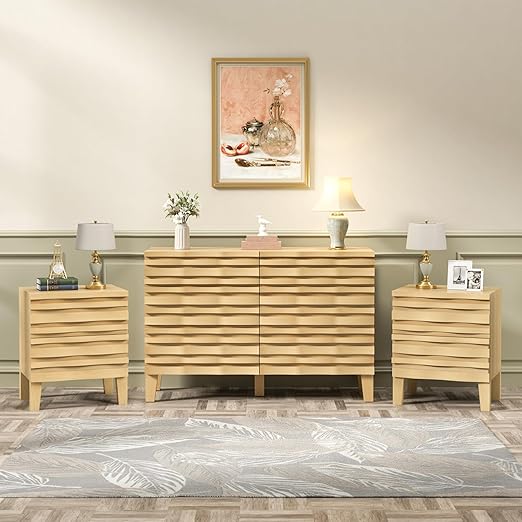 6-Drawer Dresser and Nightstand Set - Mid Century Modern Solid Wood Bedroom Furniture