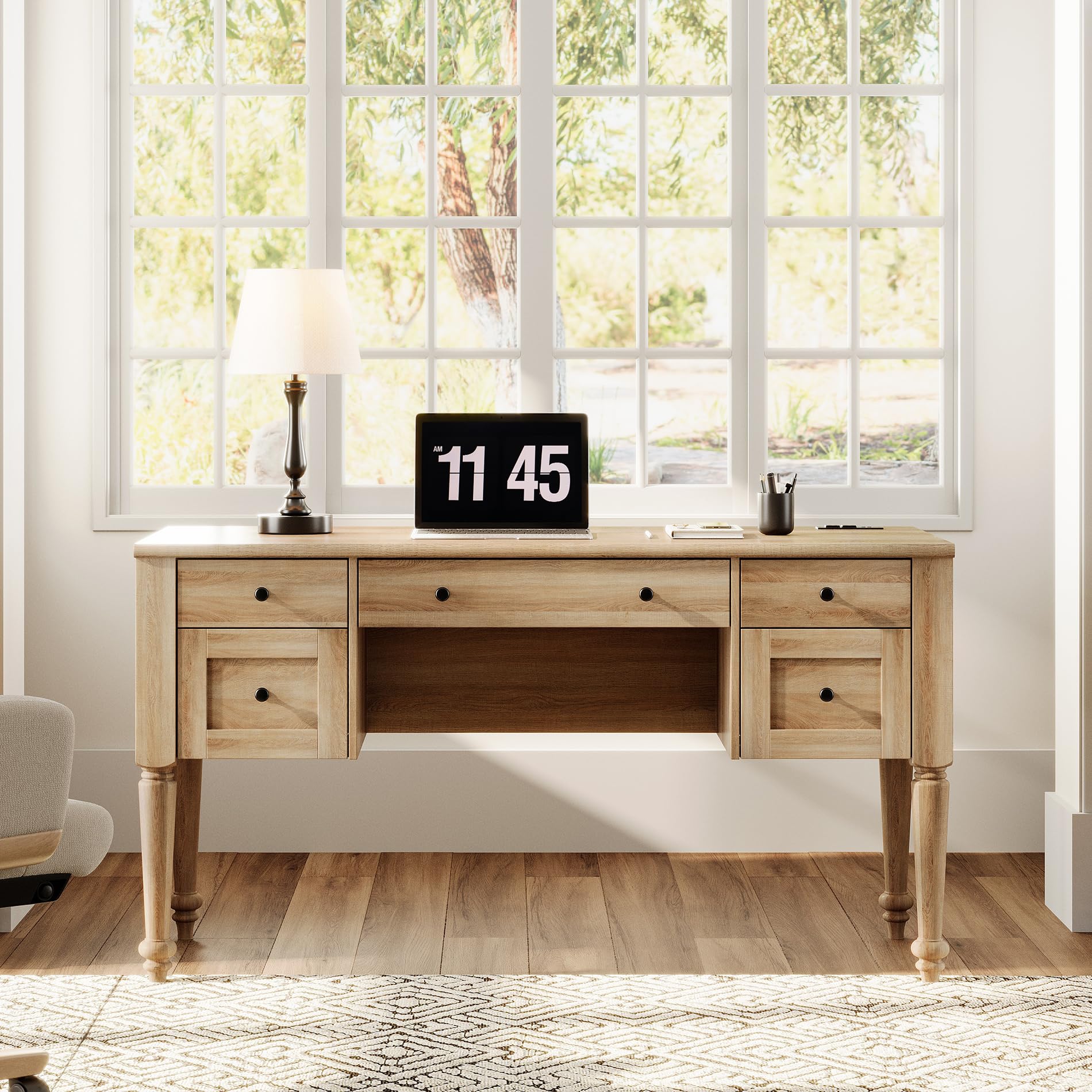 Farmhouse Executive Desk with 5 Drawers and Charging Station