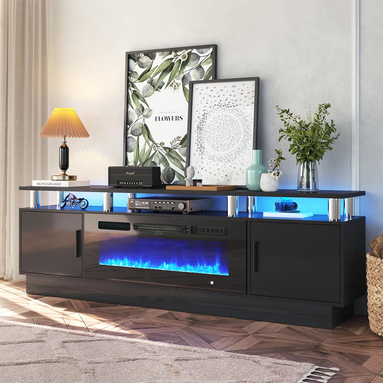 70" TV Stand with Electric Fireplace and Storage Cabinet