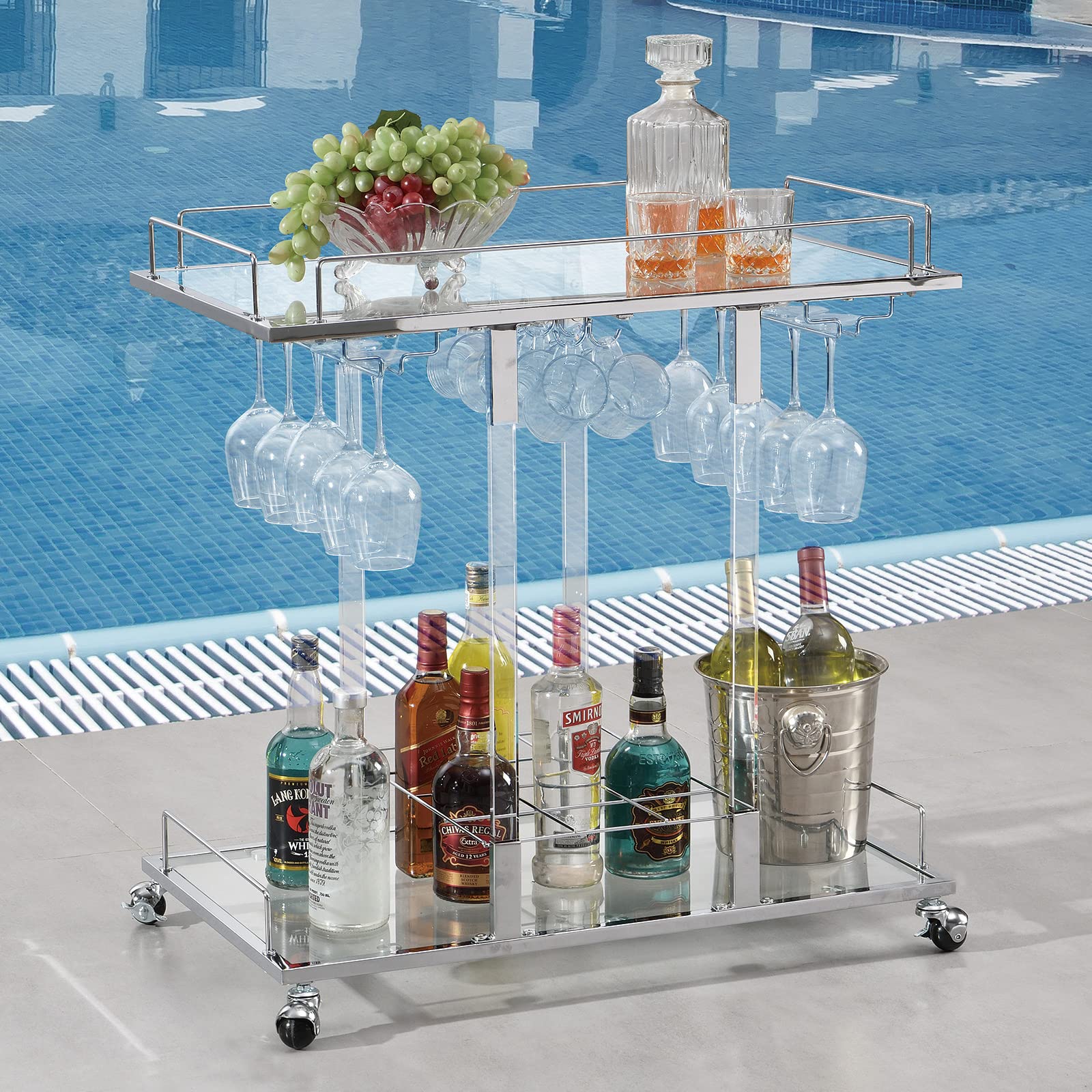 Silver Bar Cart with Wine Rack 2-Tier Acrylic Rolling Cart