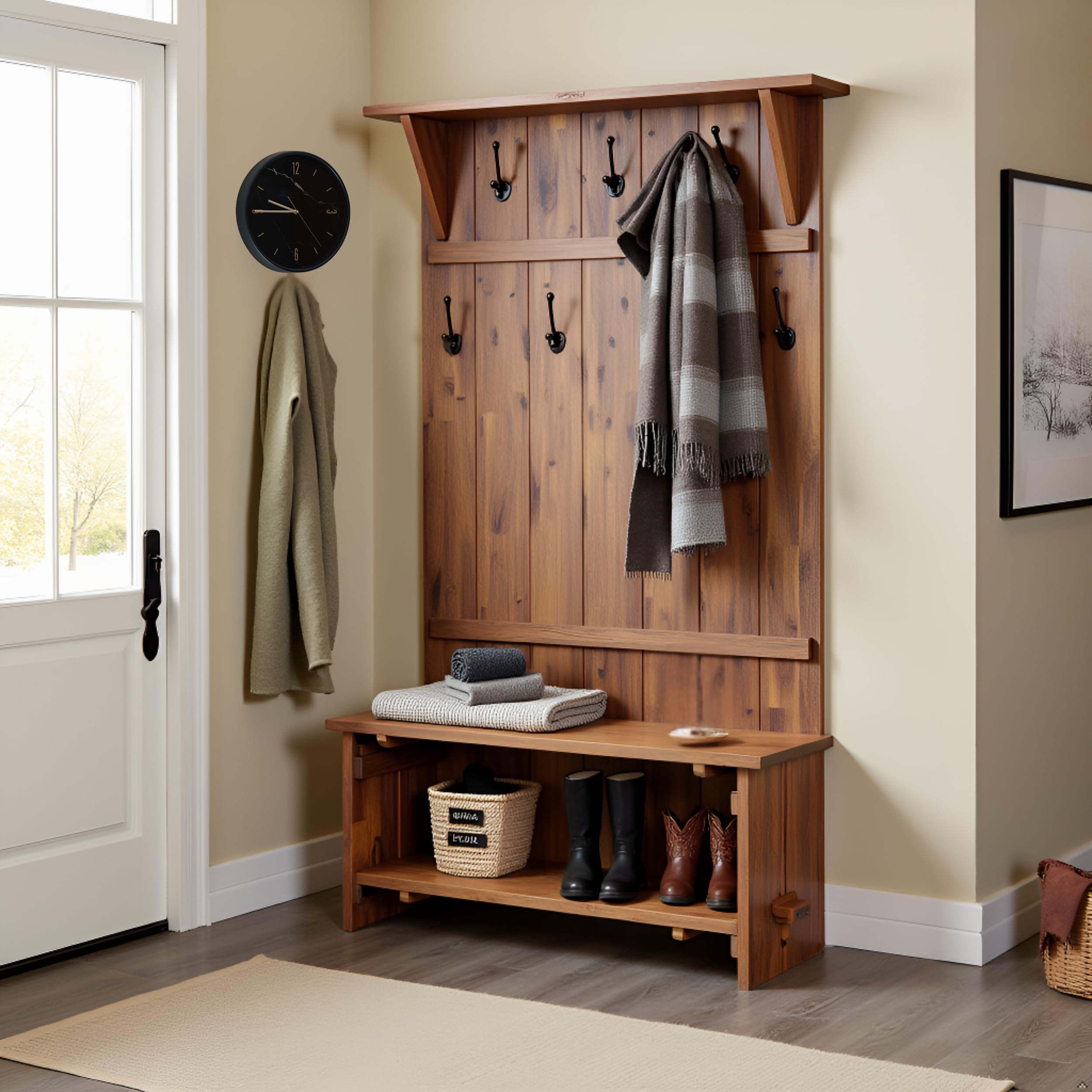 70" Acacia Wood Hall Tree with Bench & Storage
